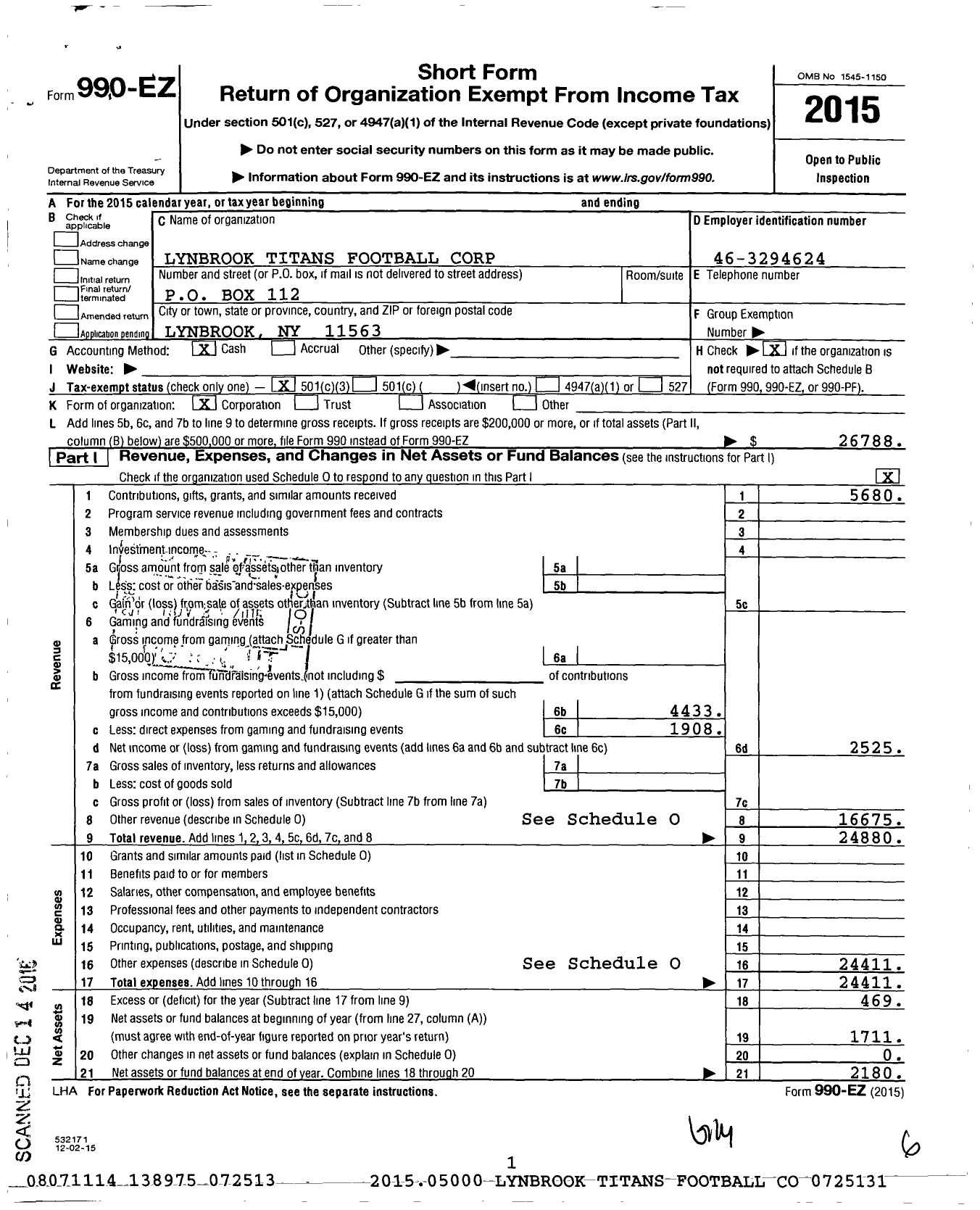 Image of first page of 2015 Form 990EZ for Lynbrook Titans Football Corporation