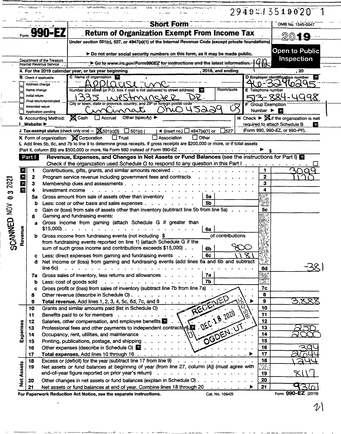 Image of first page of 2019 Form 990EZ for Applause - School of Charm Etiquette and Modeling