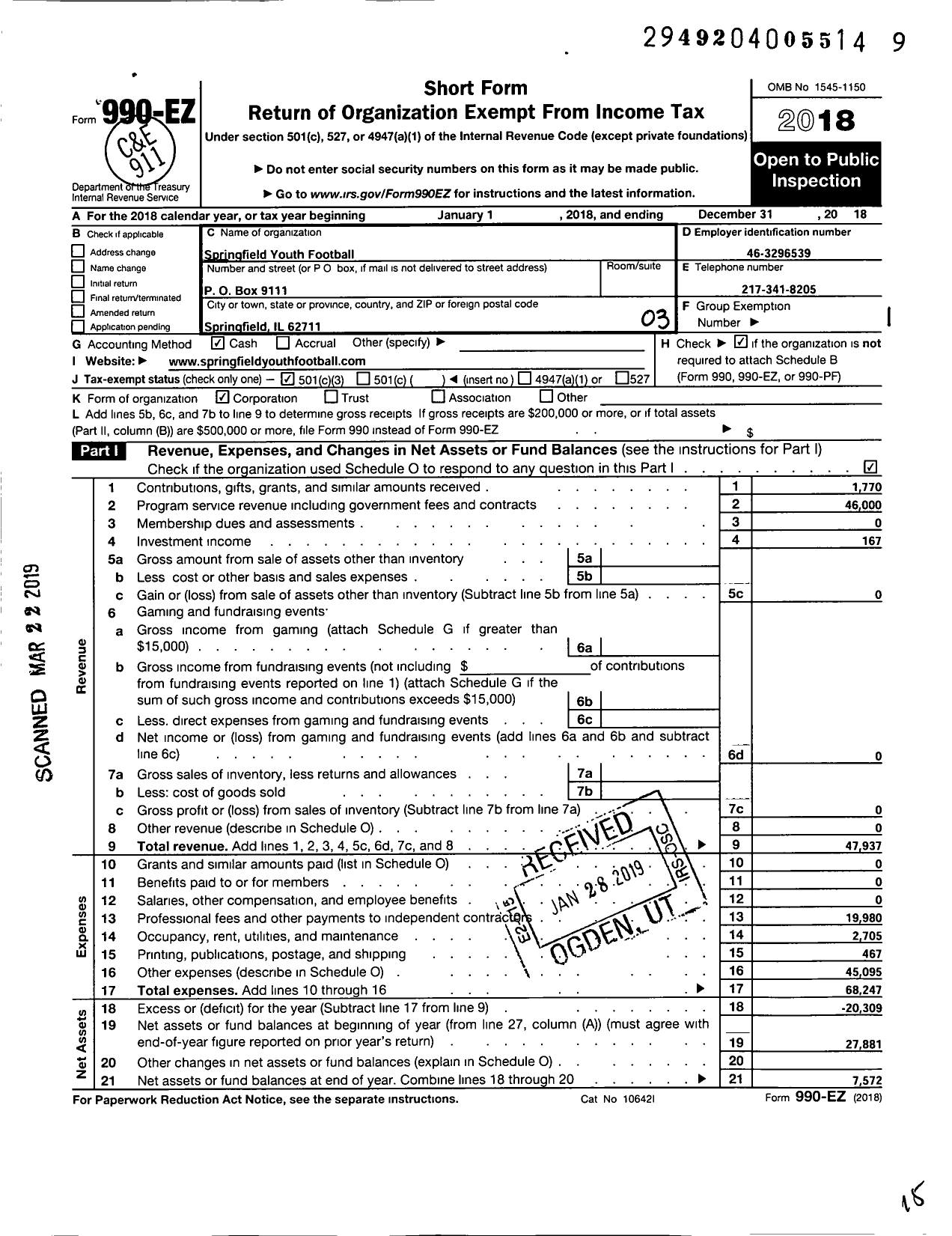 Image of first page of 2018 Form 990EZ for Springfield Youth Football