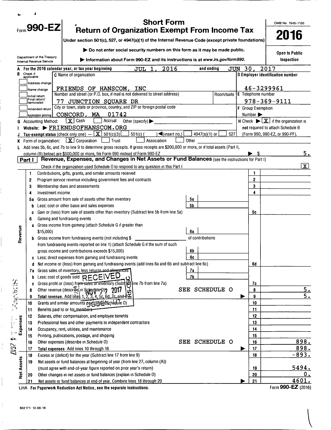 Image of first page of 2016 Form 990EZ for Friends of Hanscom