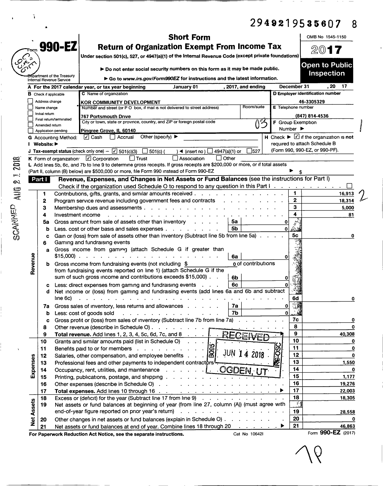 Image of first page of 2017 Form 990EZ for Kor Community Development