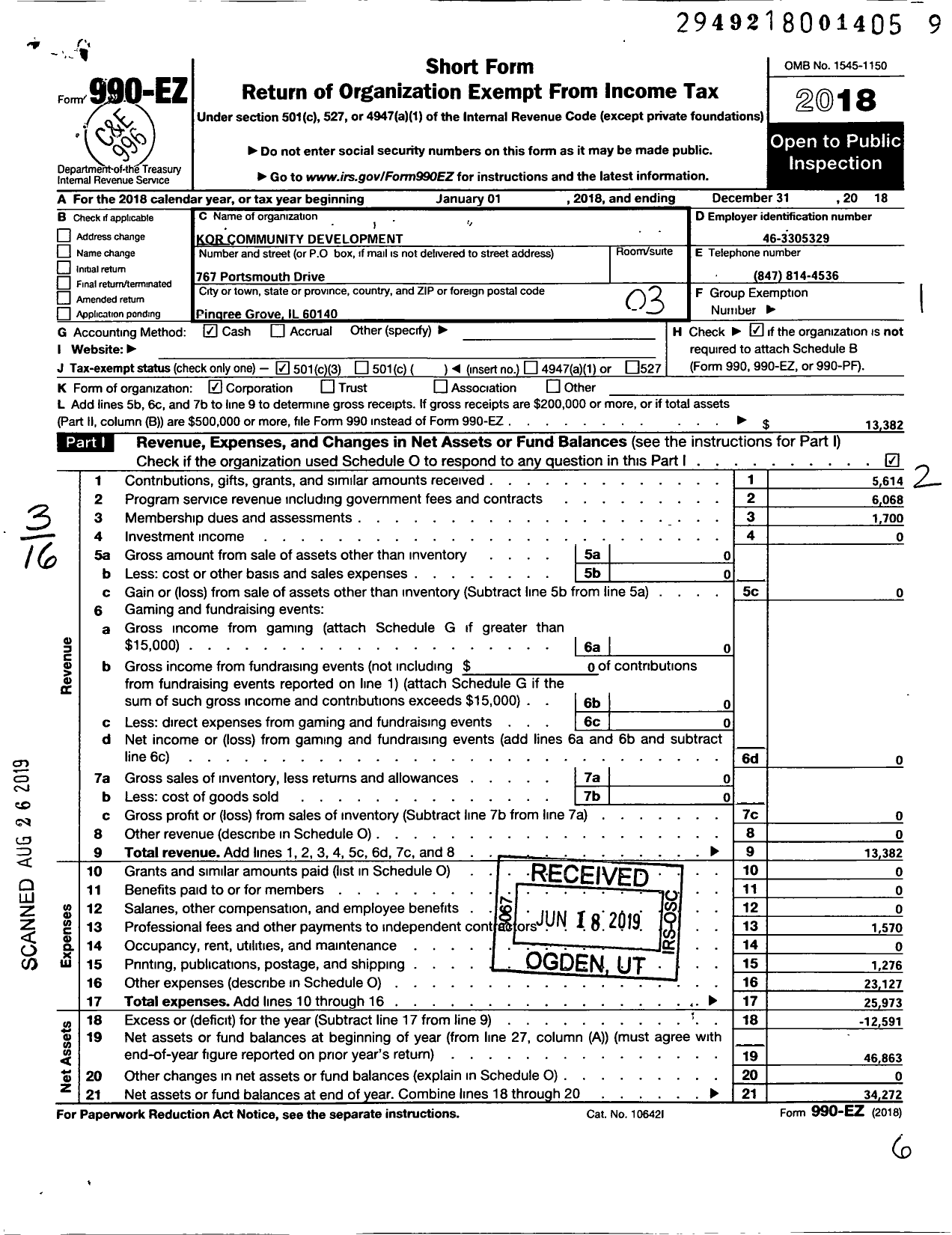 Image of first page of 2018 Form 990EZ for Kor Community Development