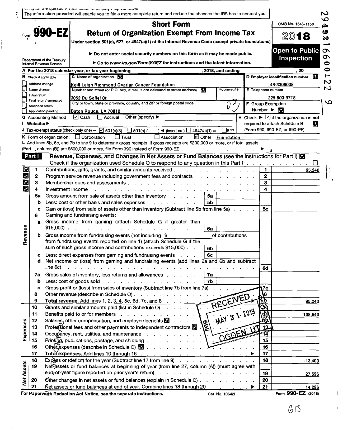 Image of first page of 2018 Form 990EZ for Kelli Leigh Richmond Ovarian Cancer Foundation