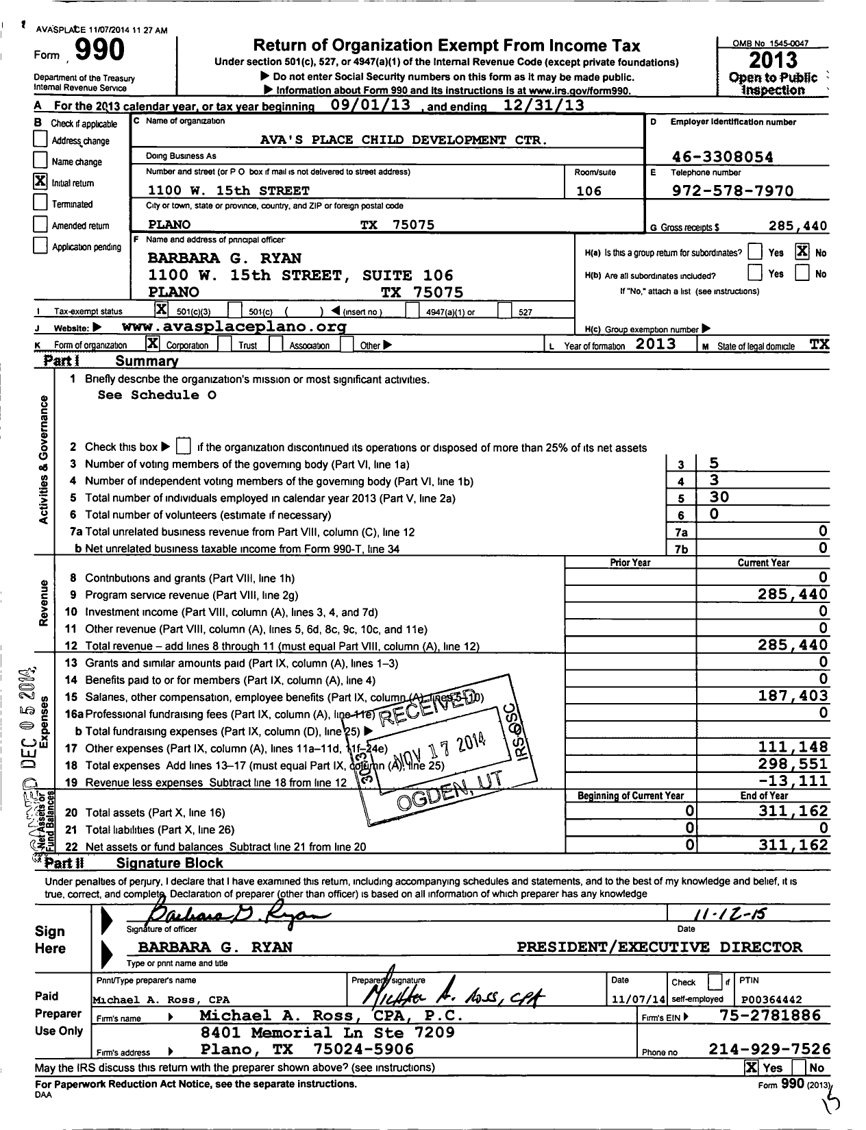 Image of first page of 2013 Form 990 for Ava's Place Child Development Center