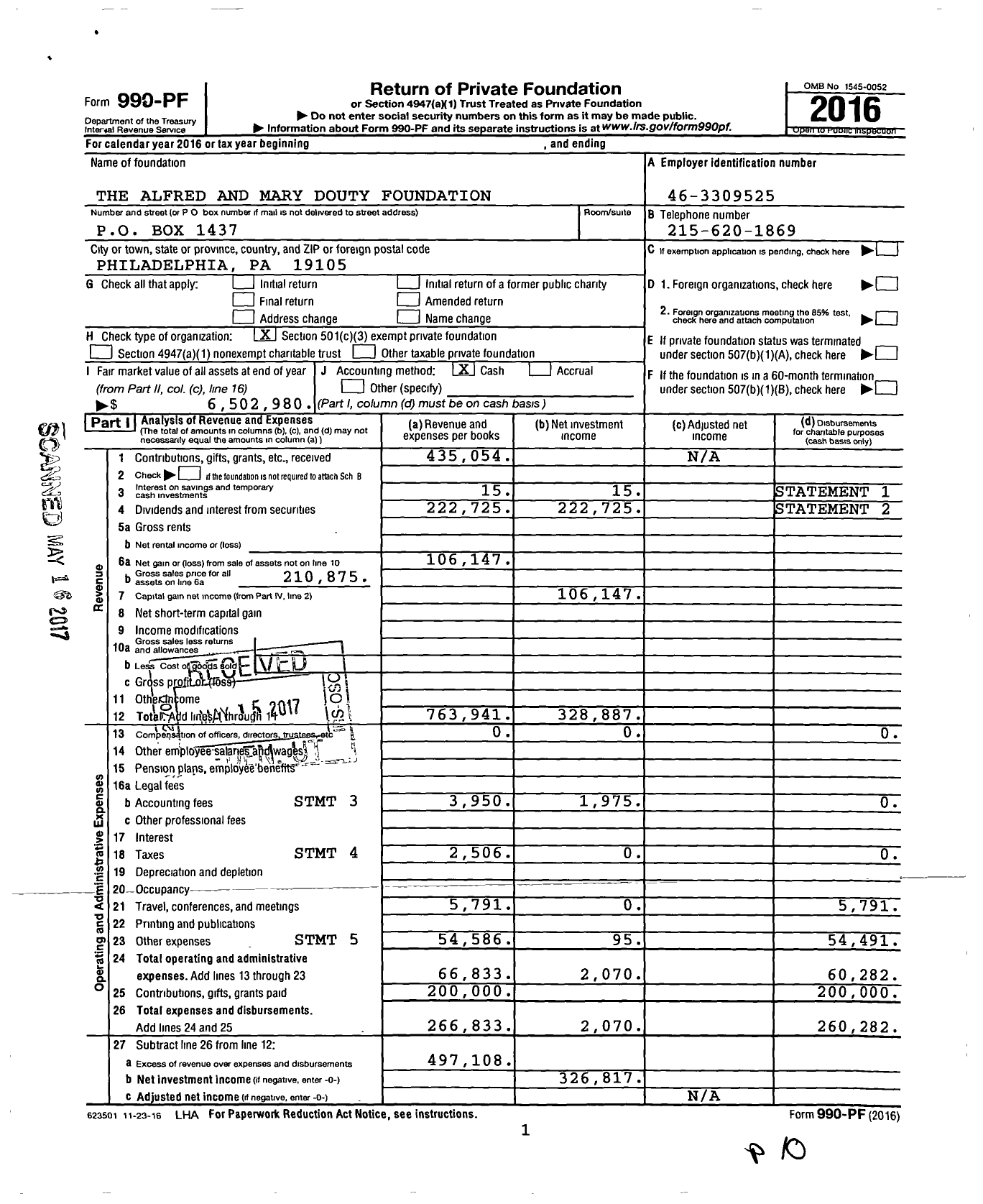 Image of first page of 2016 Form 990PF for The Alfred and Mary Douty Foundation
