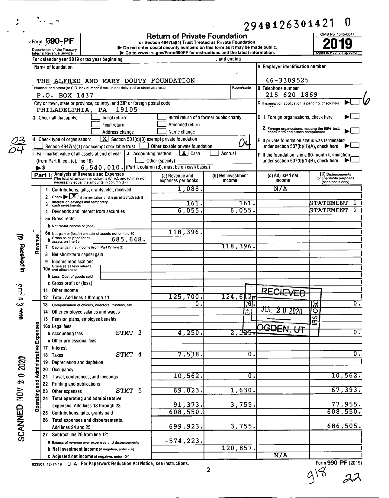Image of first page of 2019 Form 990PF for The Alfred and Mary Douty Foundation