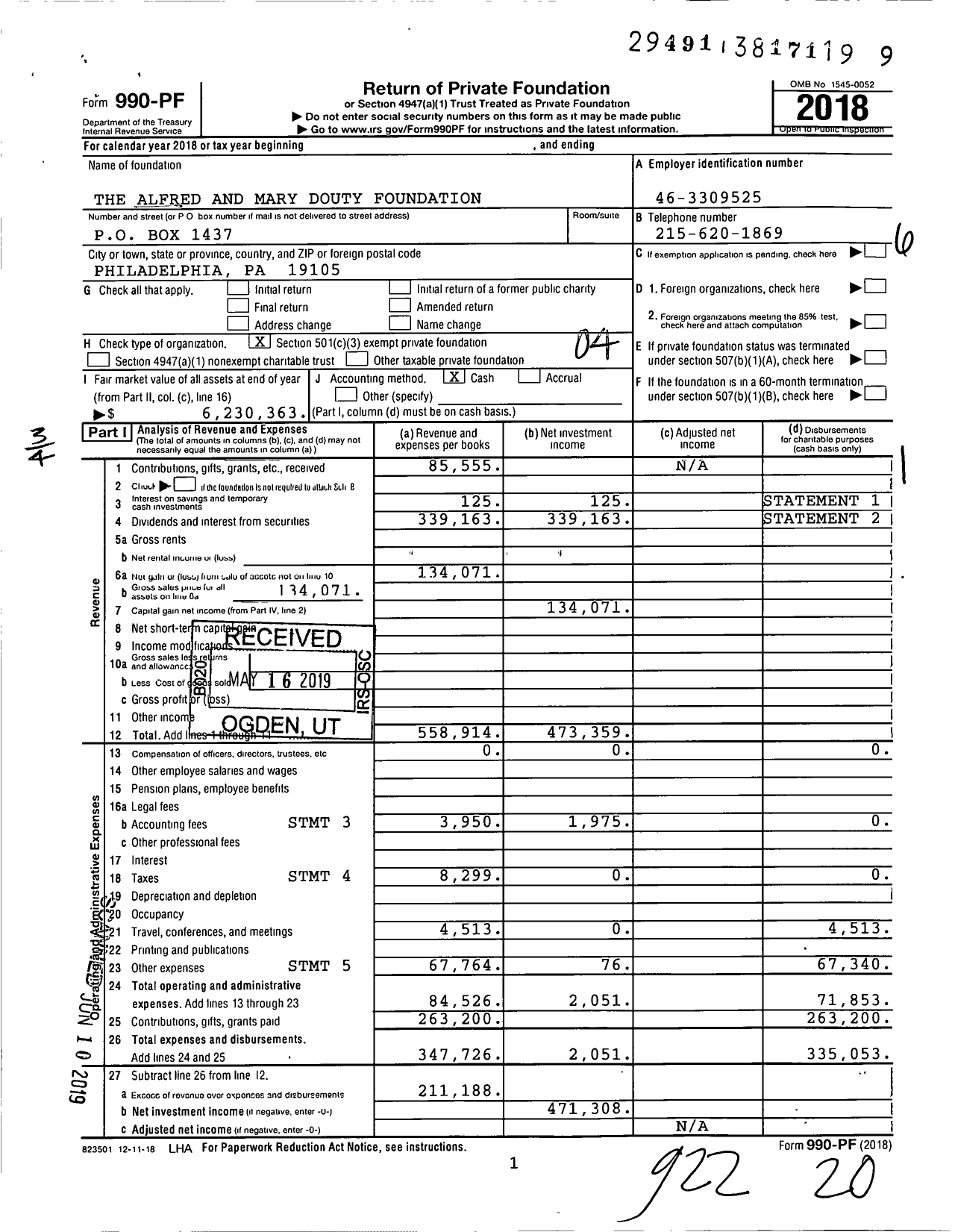 Image of first page of 2018 Form 990PF for The Alfred and Mary Douty Foundation