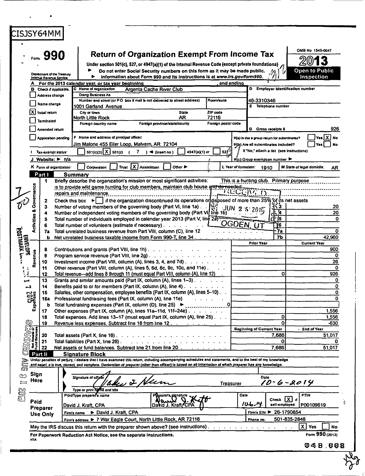 Image of first page of 2013 Form 990O for Argenta Cache River Club LLC