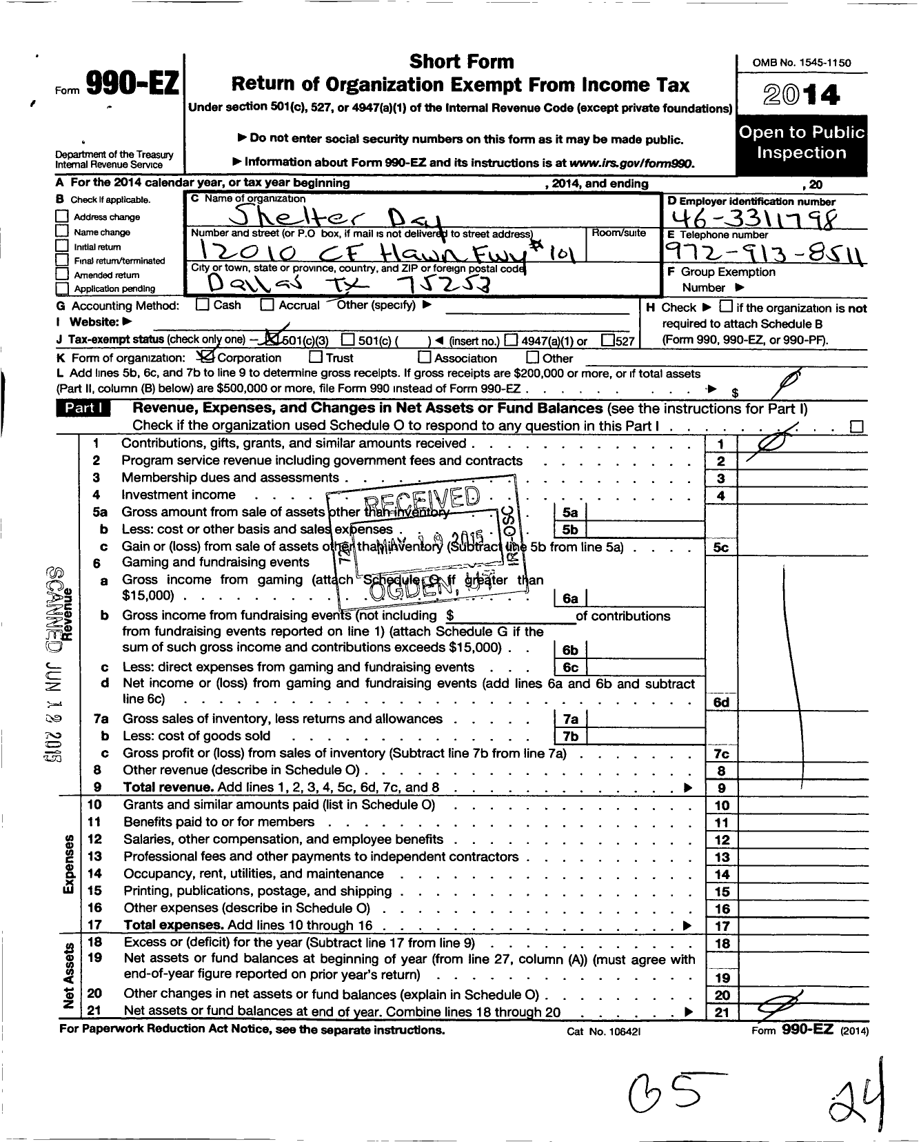 Image of first page of 2014 Form 990EZ for Shelter Day