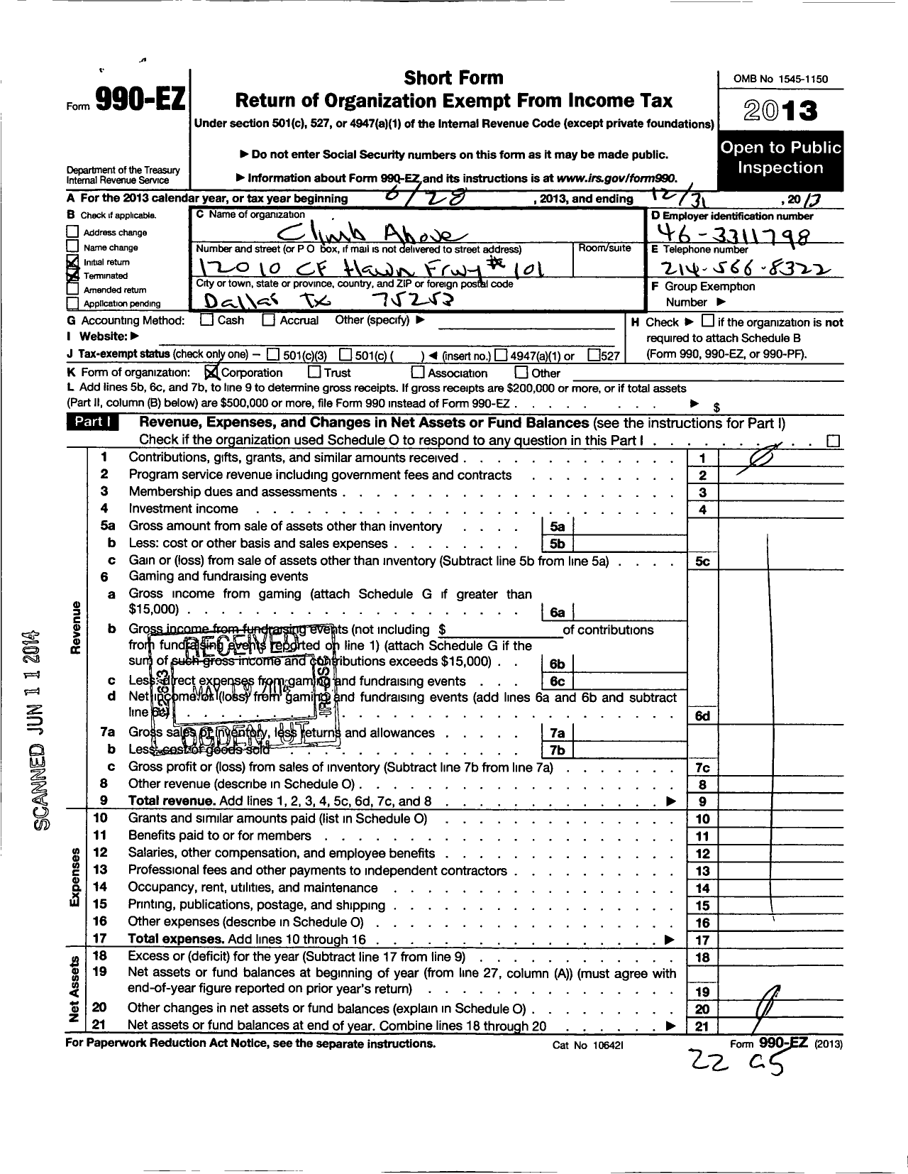 Image of first page of 2013 Form 990EO for Shelter Day