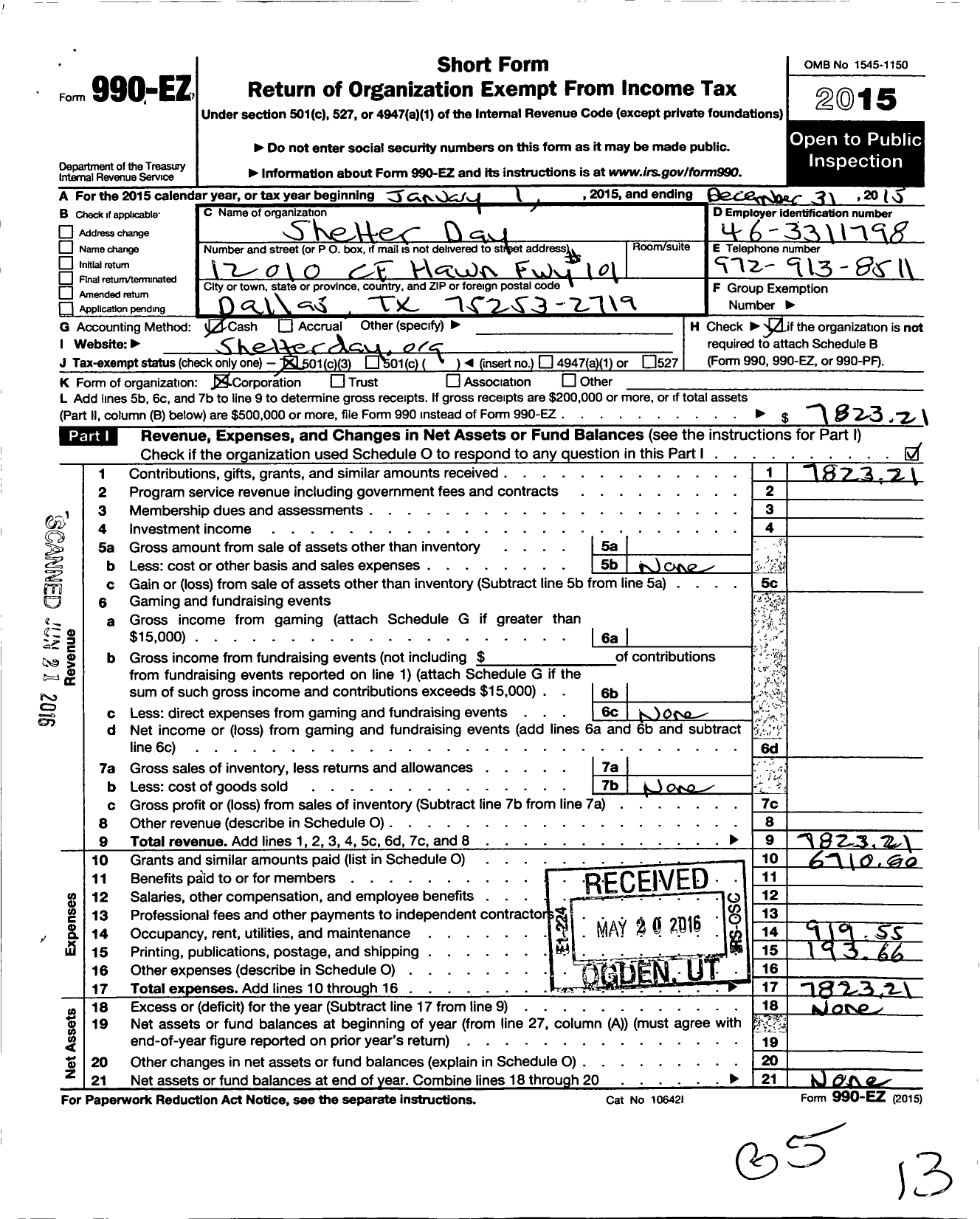 Image of first page of 2015 Form 990EZ for Shelter Day