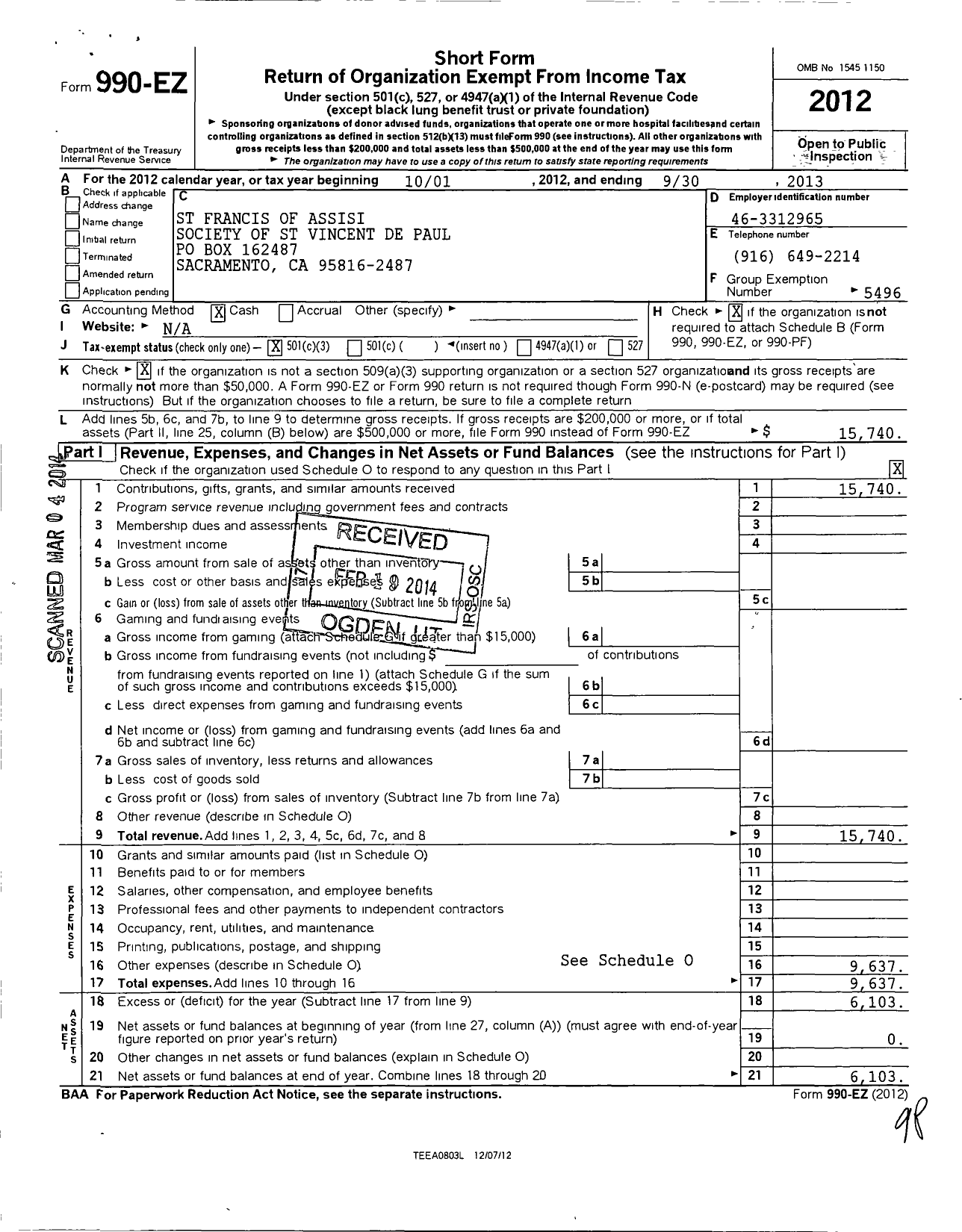 Image of first page of 2012 Form 990EZ for St Francis of Assisi Society of St Vincent de Paul