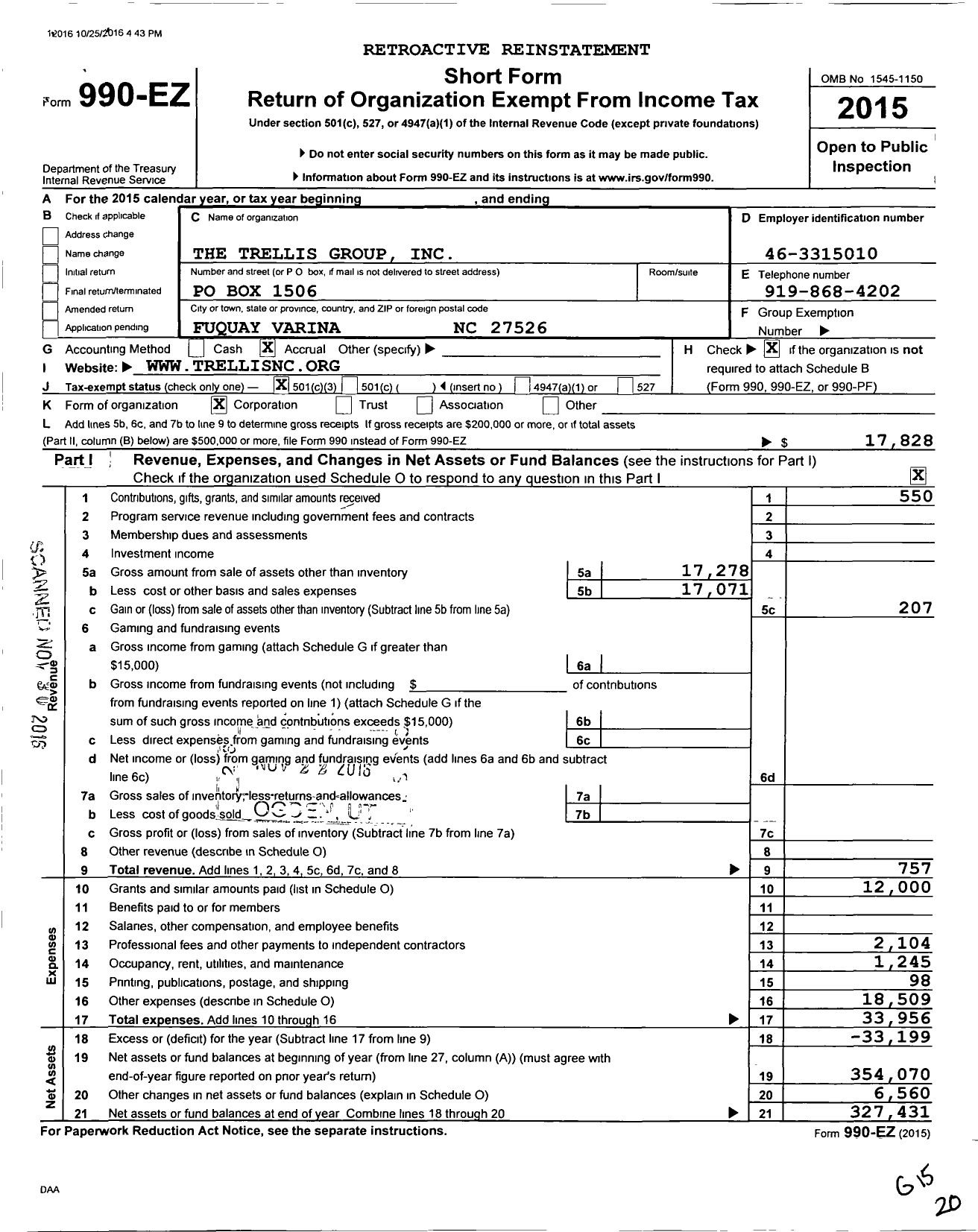 Image of first page of 2015 Form 990EZ for The Trellis Group