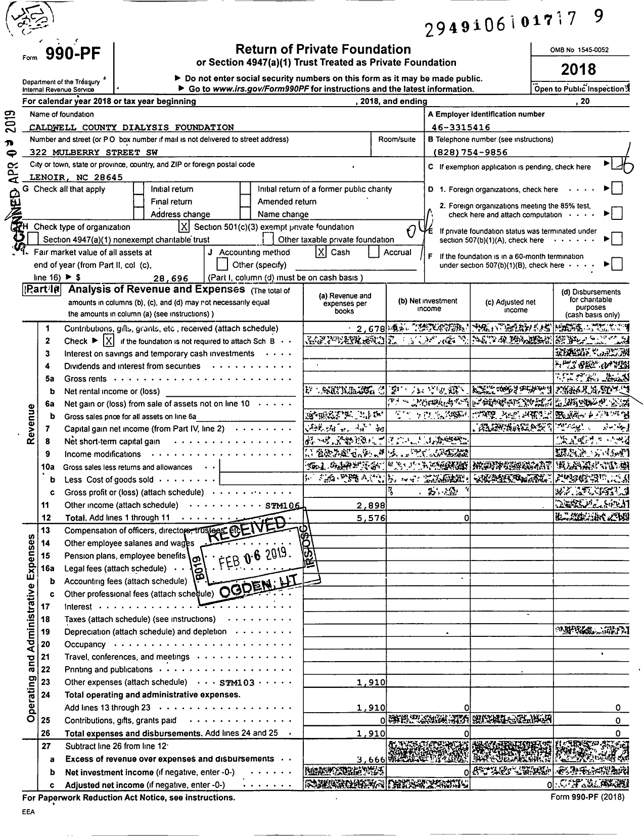 Image of first page of 2018 Form 990PF for Caldwell County Dialysis Foundation