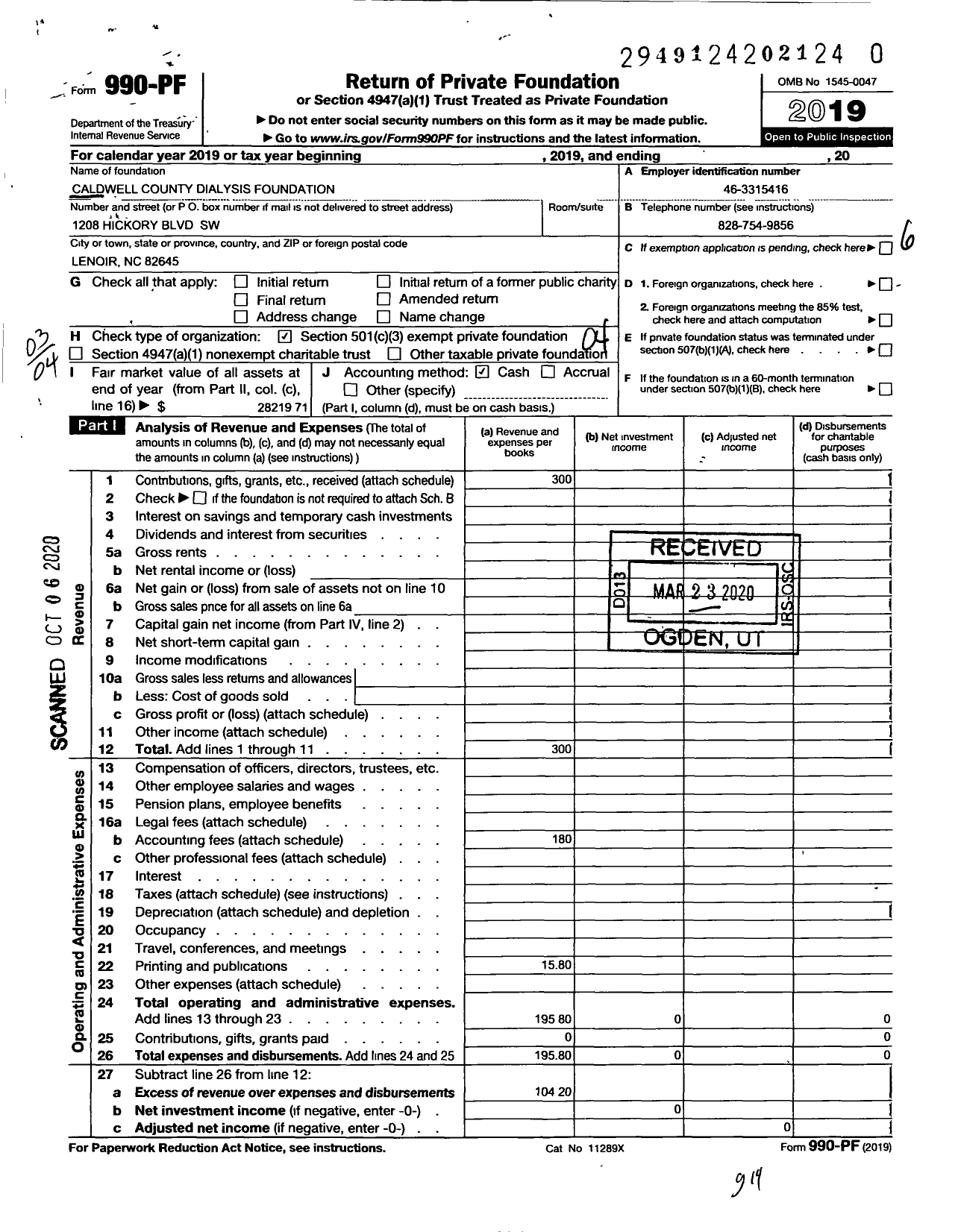 Image of first page of 2019 Form 990PR for Caldwell County Dialysis Foundation