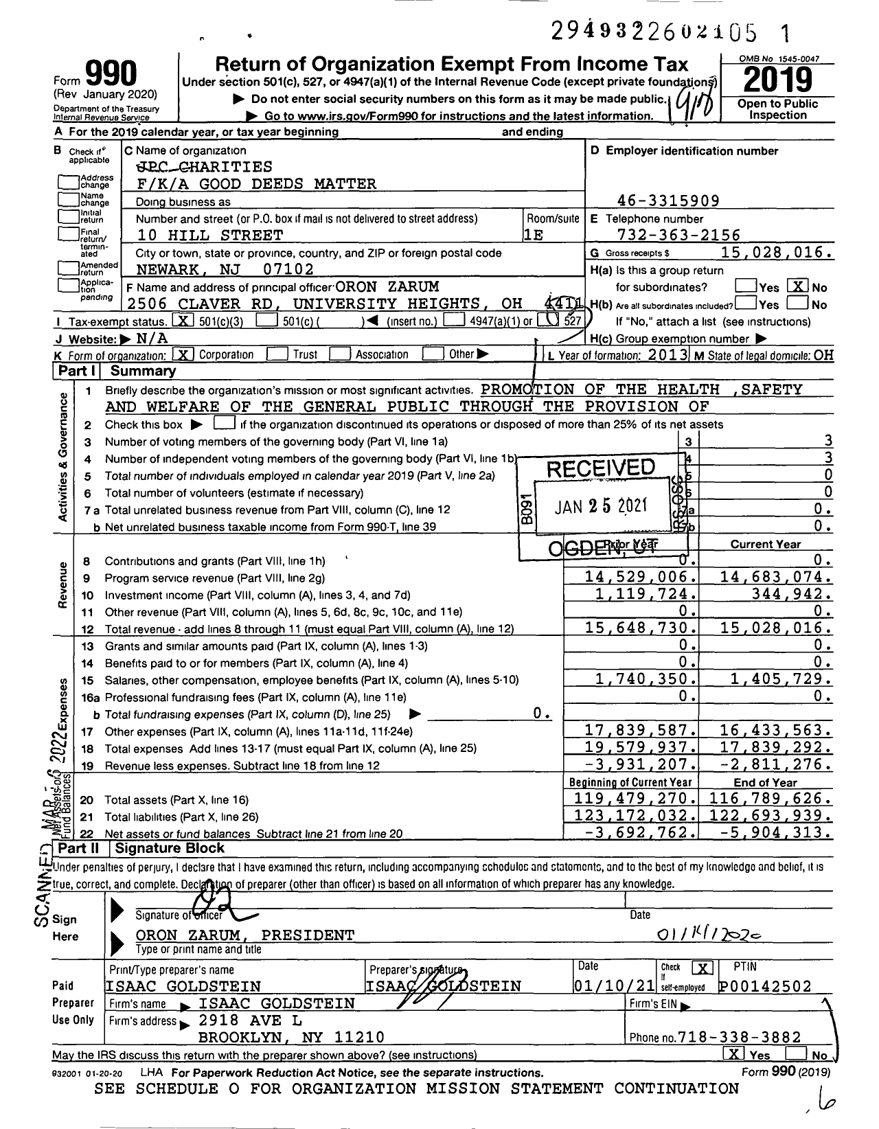 Image of first page of 2019 Form 990 for JPC Charities