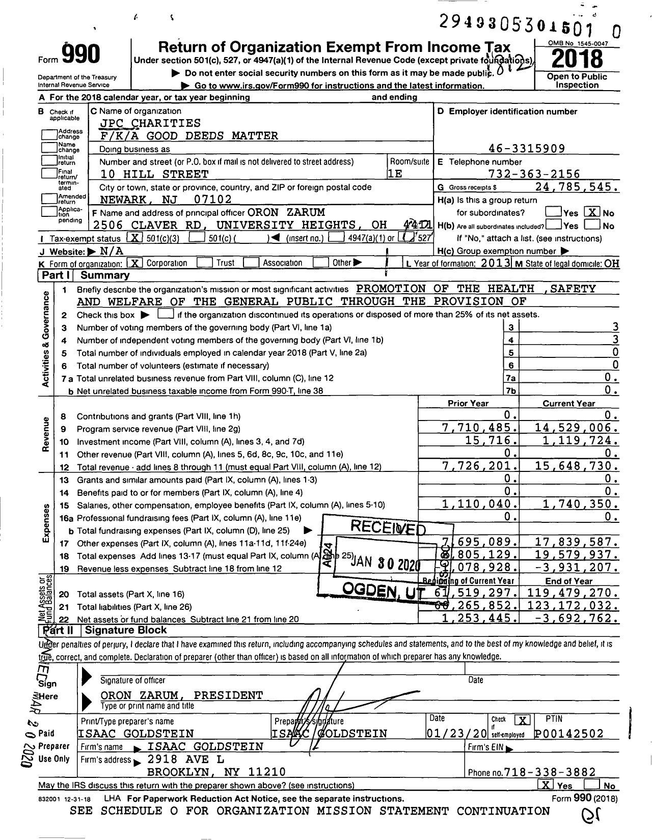 Image of first page of 2018 Form 990 for JPC Charities