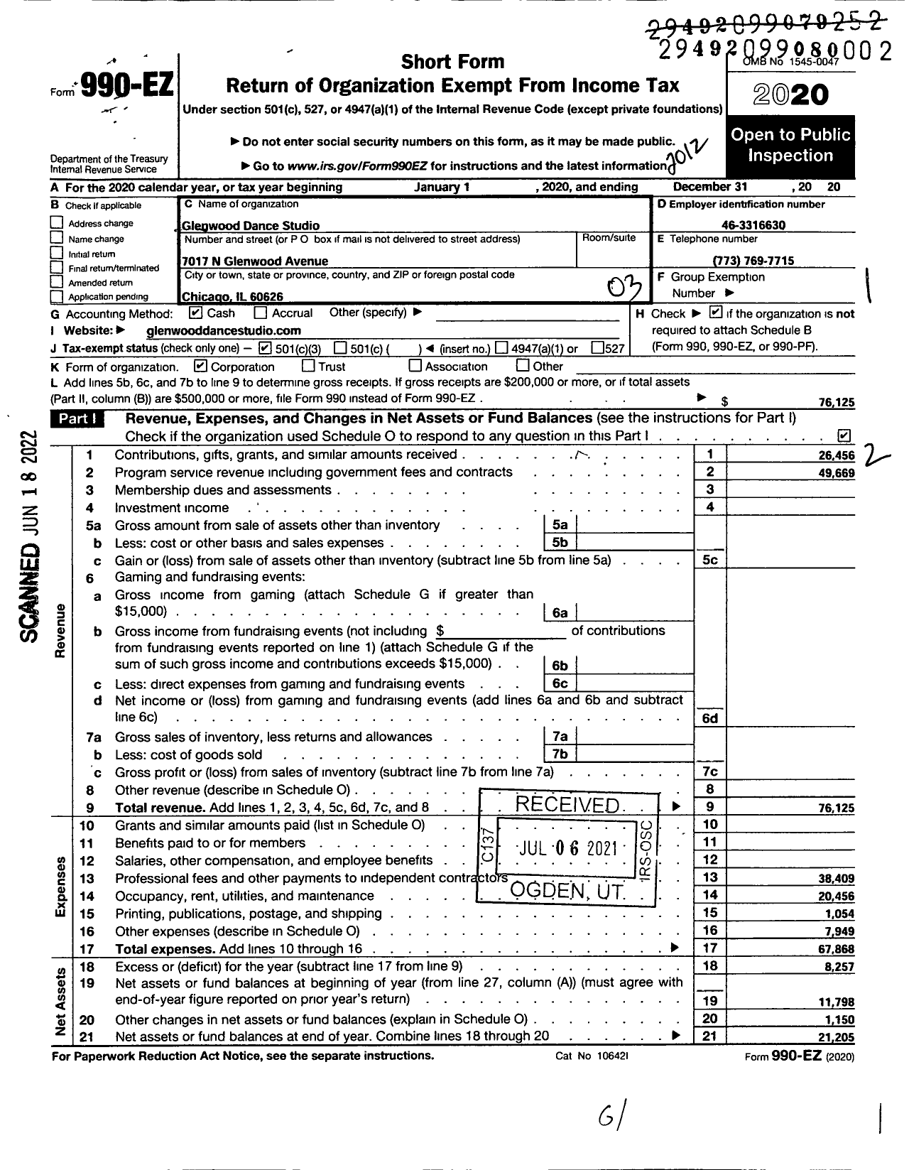 Image of first page of 2020 Form 990EZ for Glenwood Dance Studio