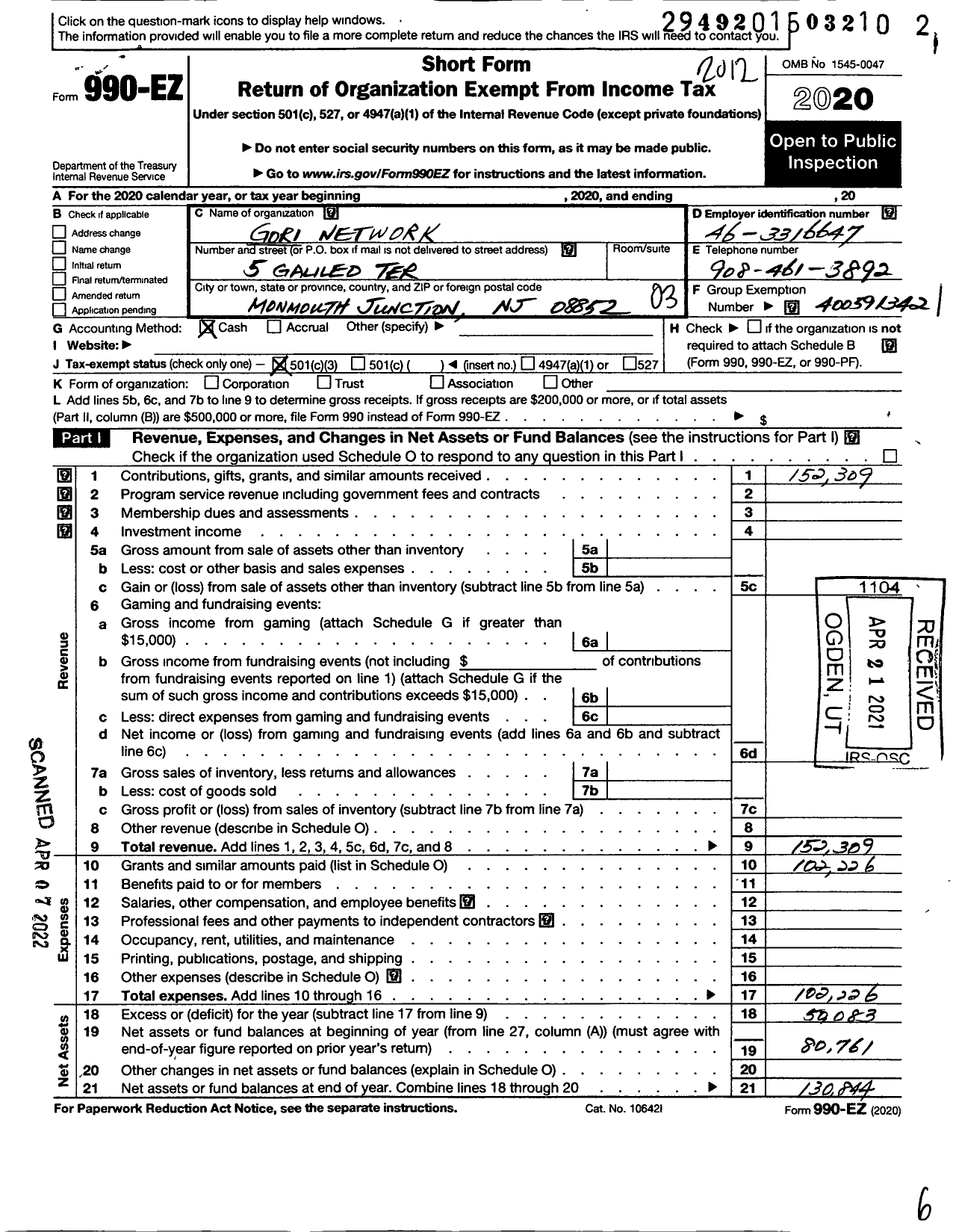 Image of first page of 2020 Form 990EZ for Gori Network A NJ Nonprofit Corporation