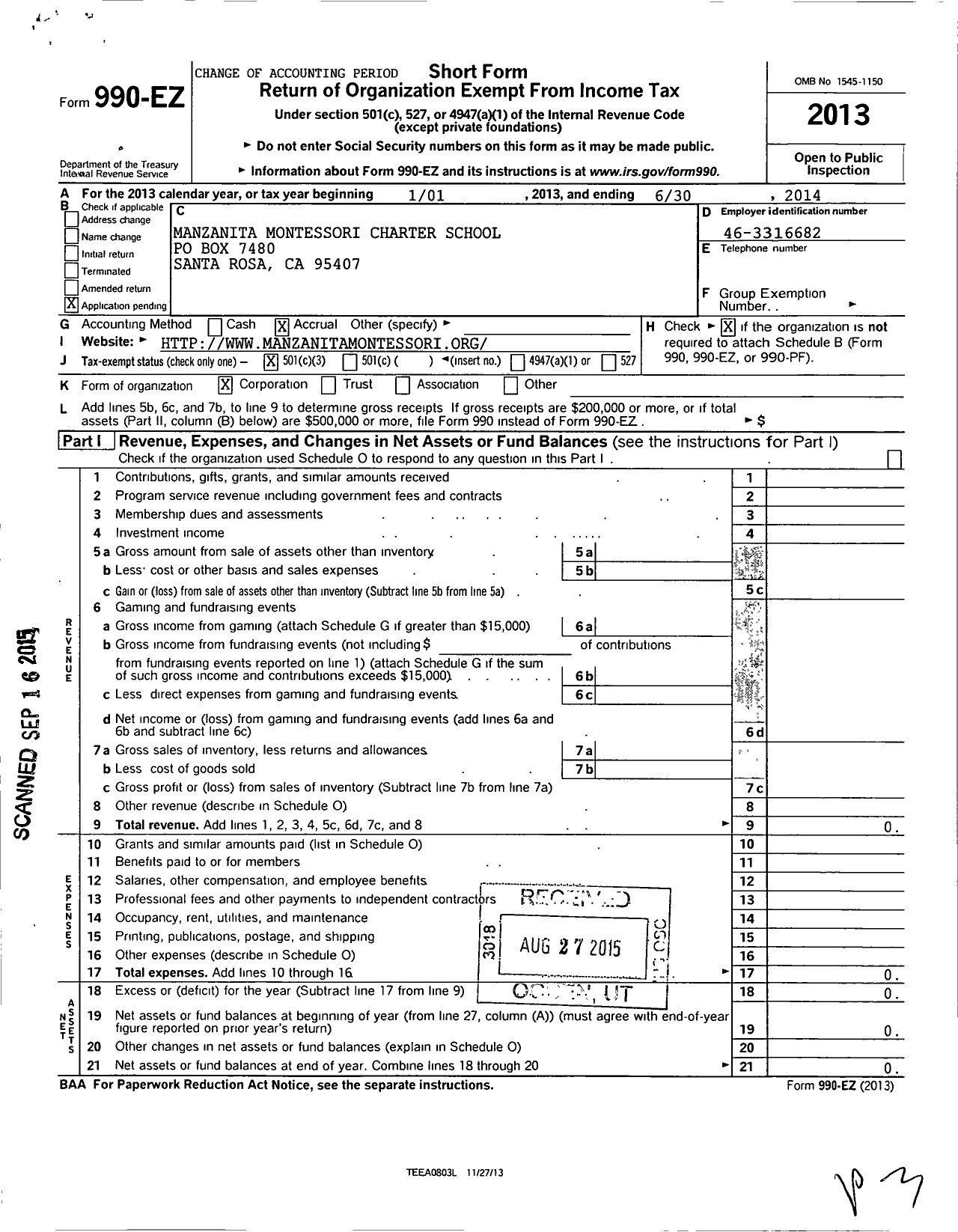 Image of first page of 2013 Form 990EZ for Manzanita Montessori Charter School