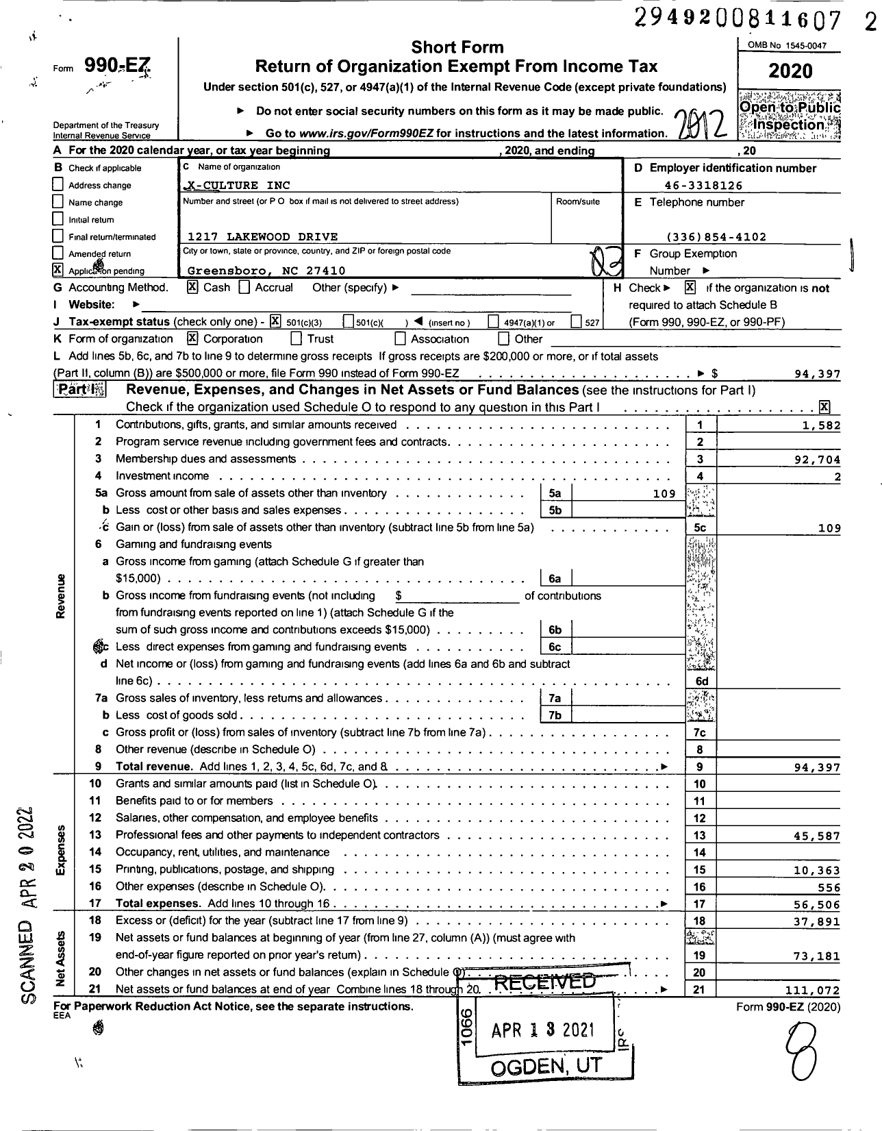 Image of first page of 2020 Form 990EZ for X-Culture