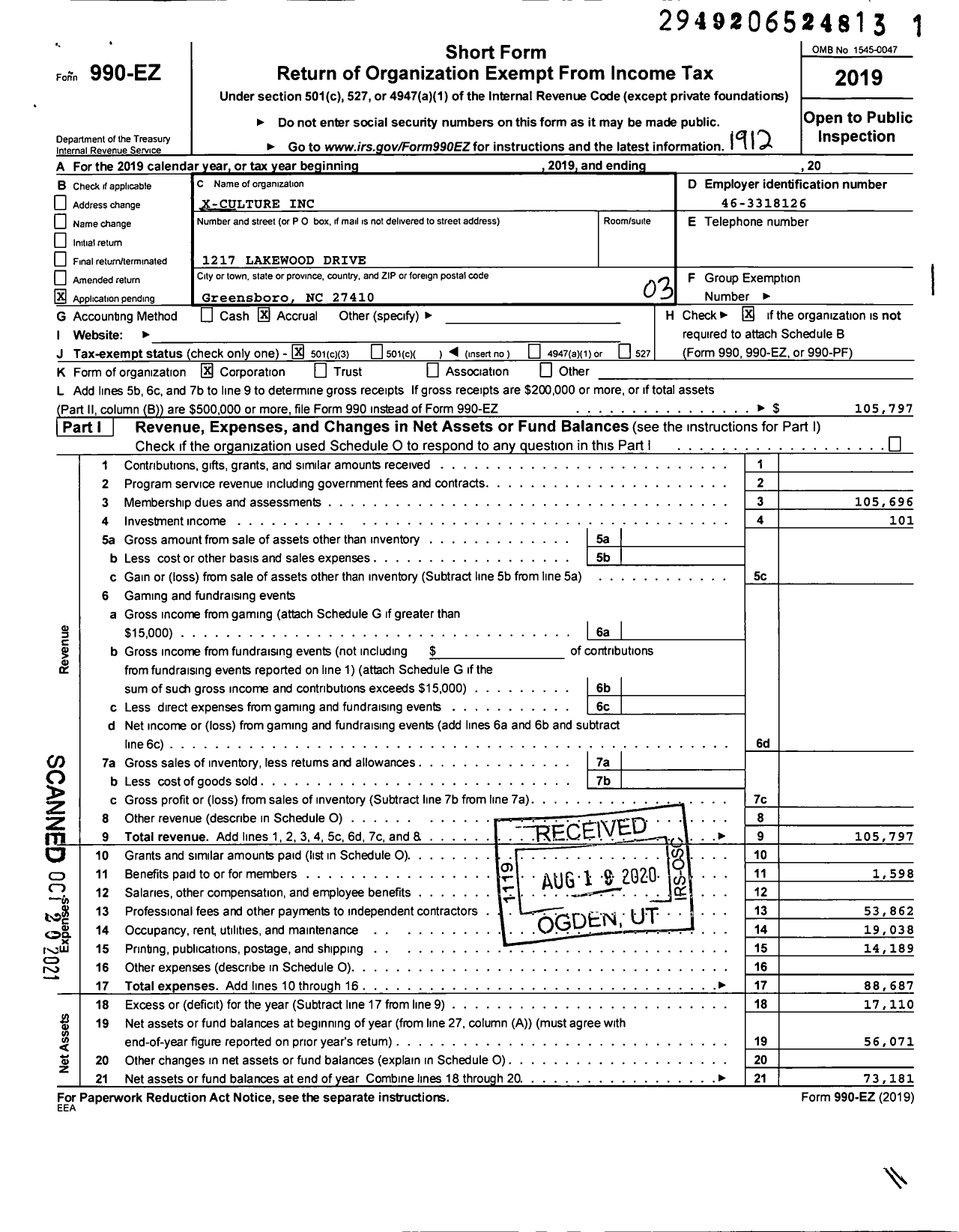 Image of first page of 2019 Form 990EZ for X-Culture