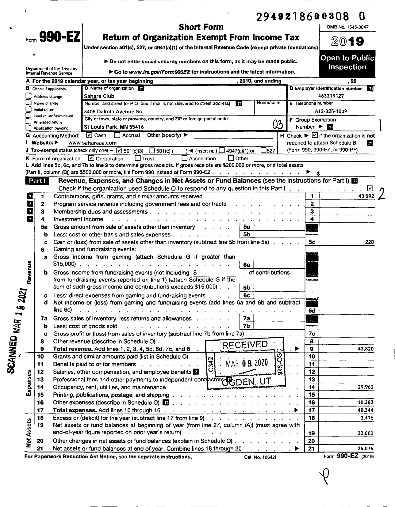 Image of first page of 2019 Form 990EZ for Sahara Club