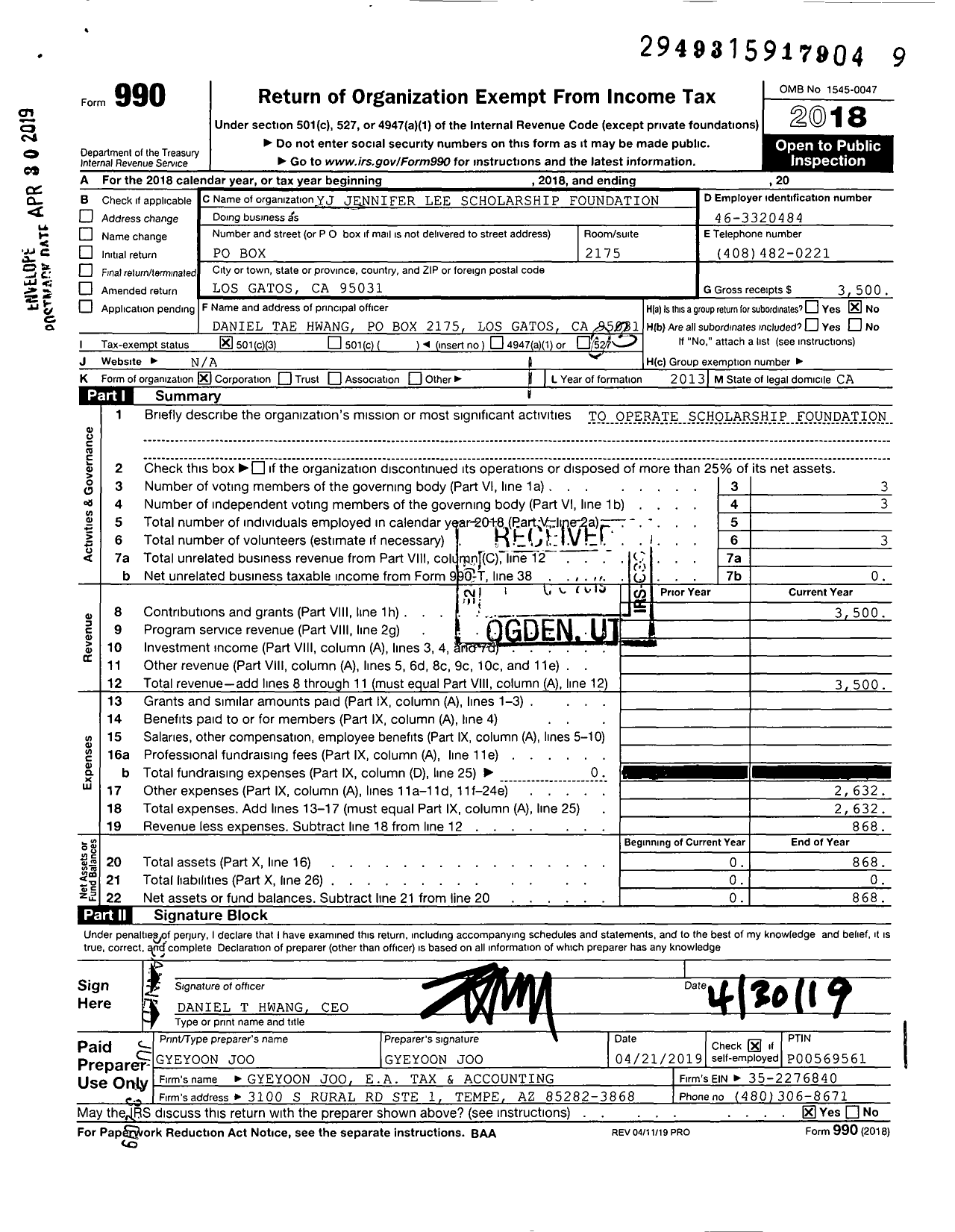 Image of first page of 2018 Form 990 for Yj Jennifer Lee Scholarship Foundation