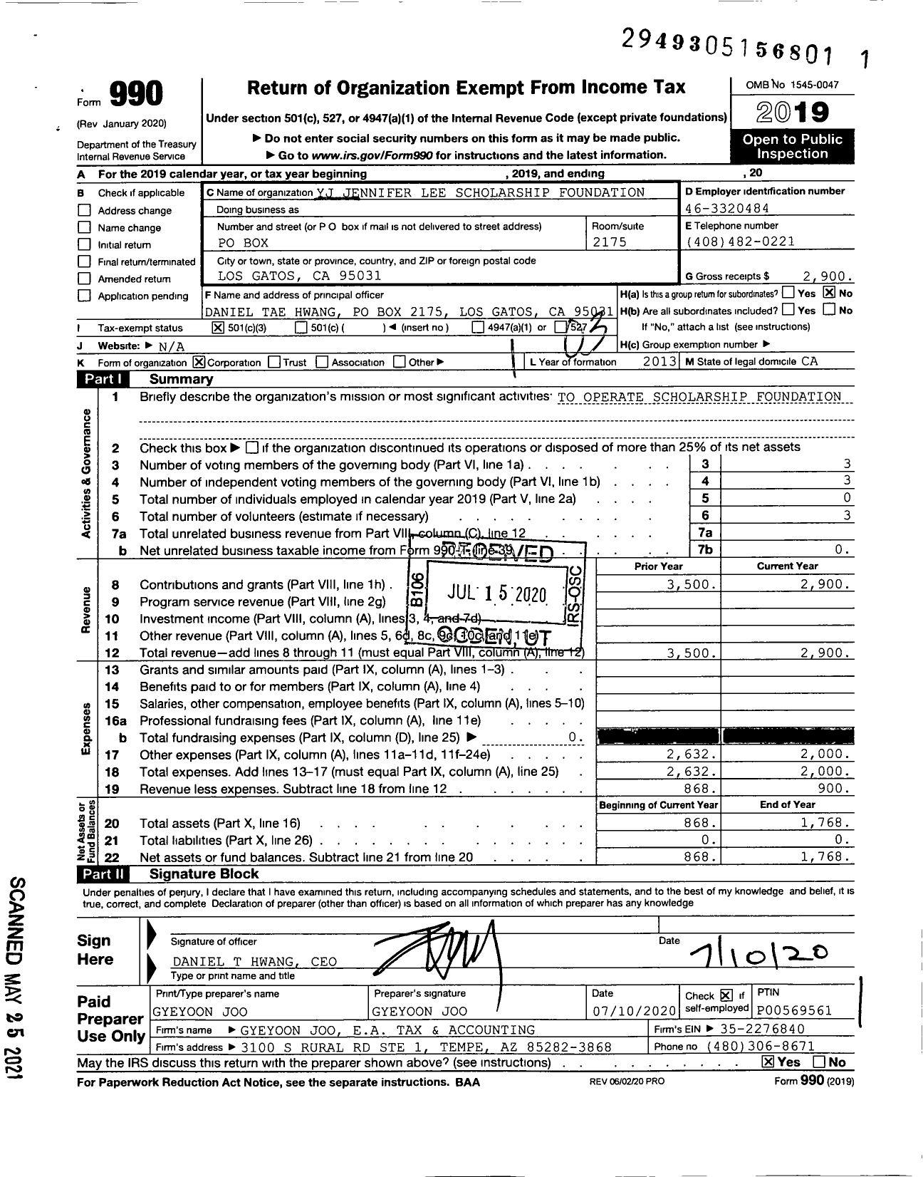 Image of first page of 2019 Form 990 for Yj Jennifer Lee Scholarship Foundation