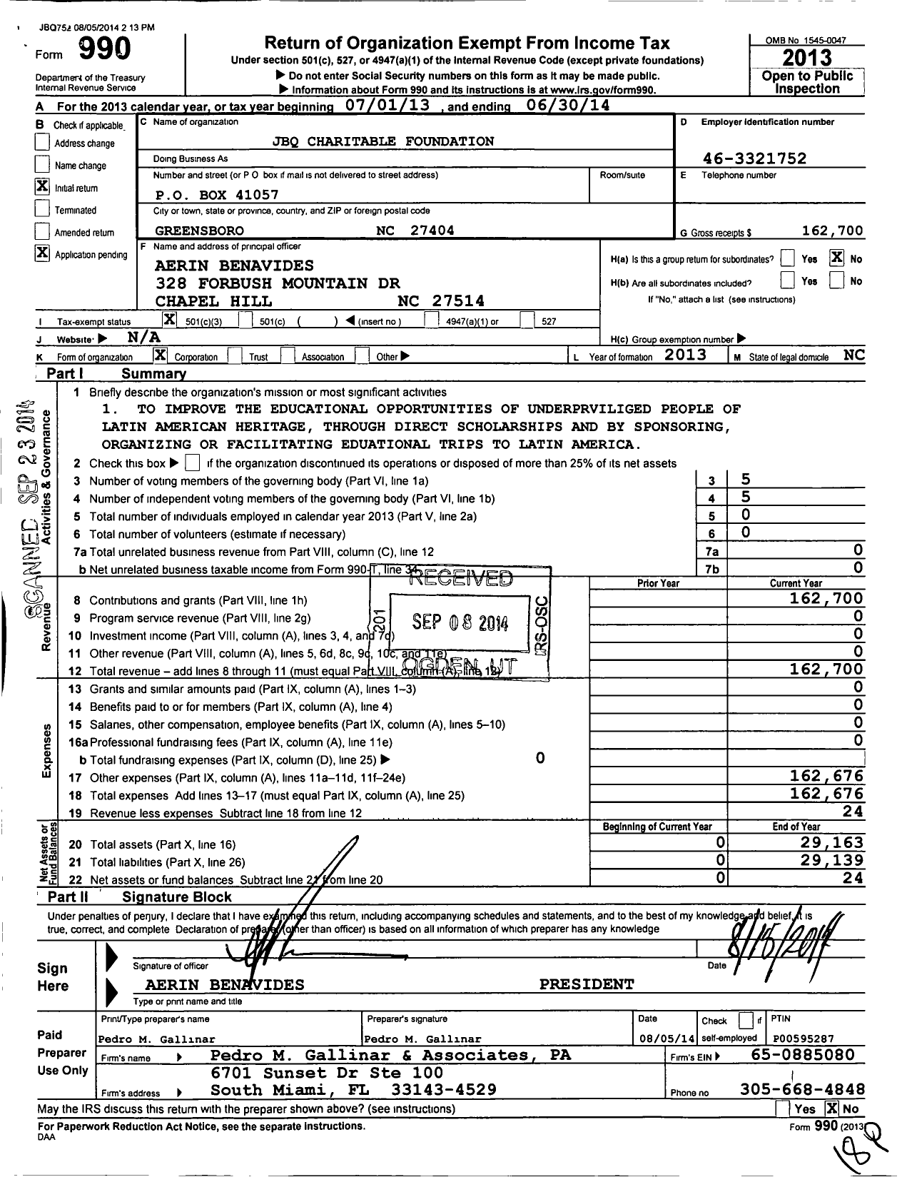 Image of first page of 2013 Form 990 for JBQ Charitable Foundation