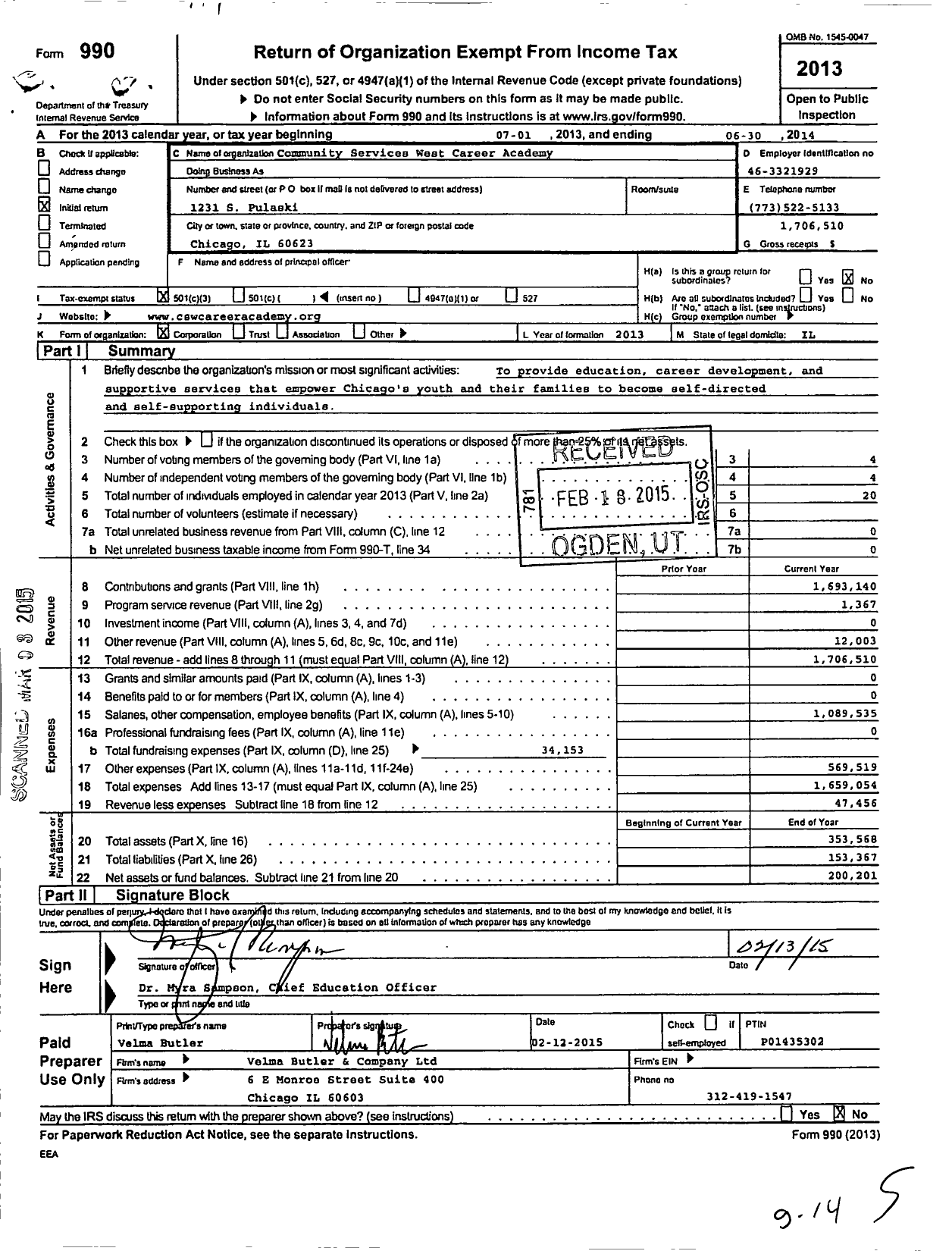 Image of first page of 2013 Form 990 for Community Services West Career Academy