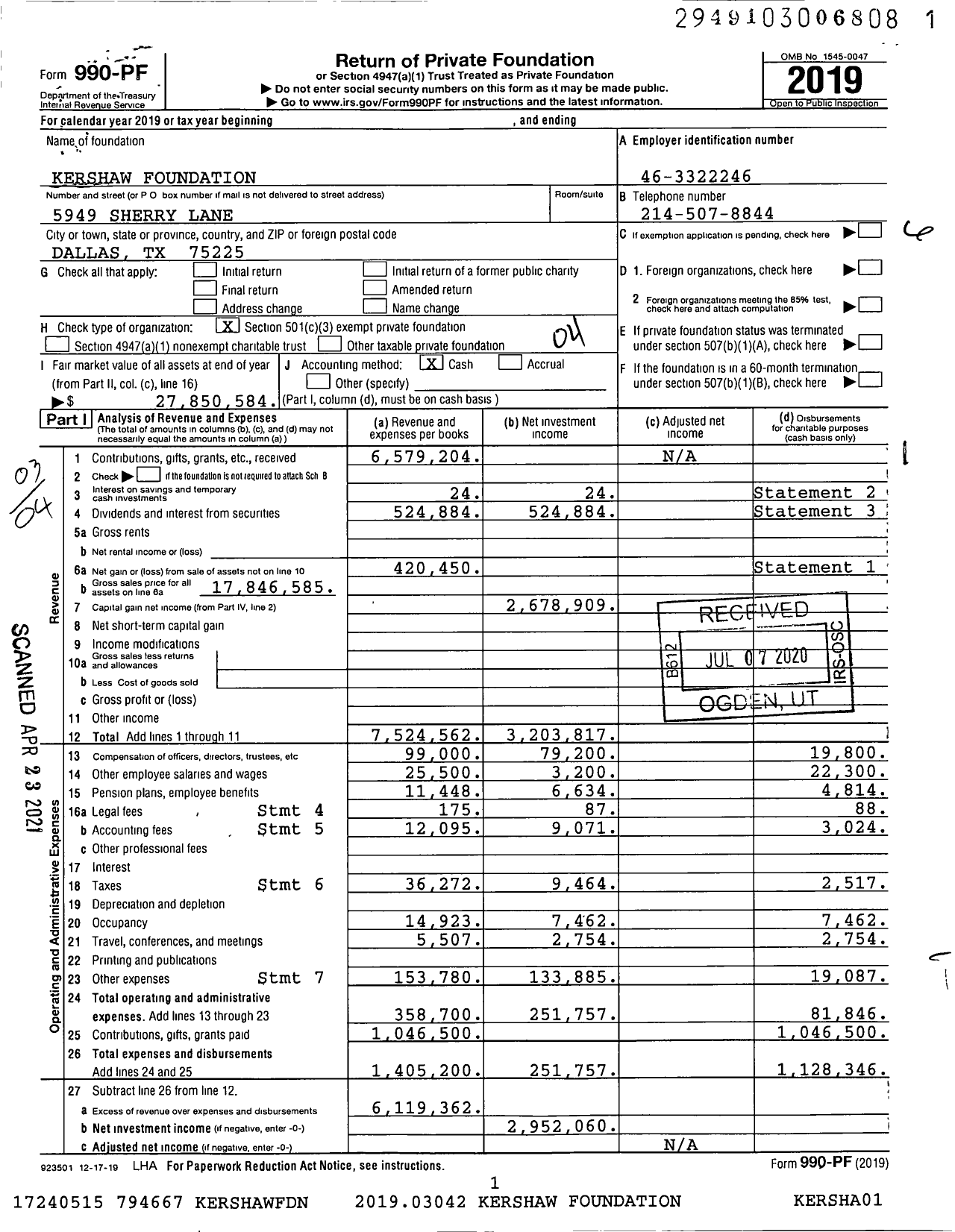 Image of first page of 2019 Form 990PF for Kershaw Foundation