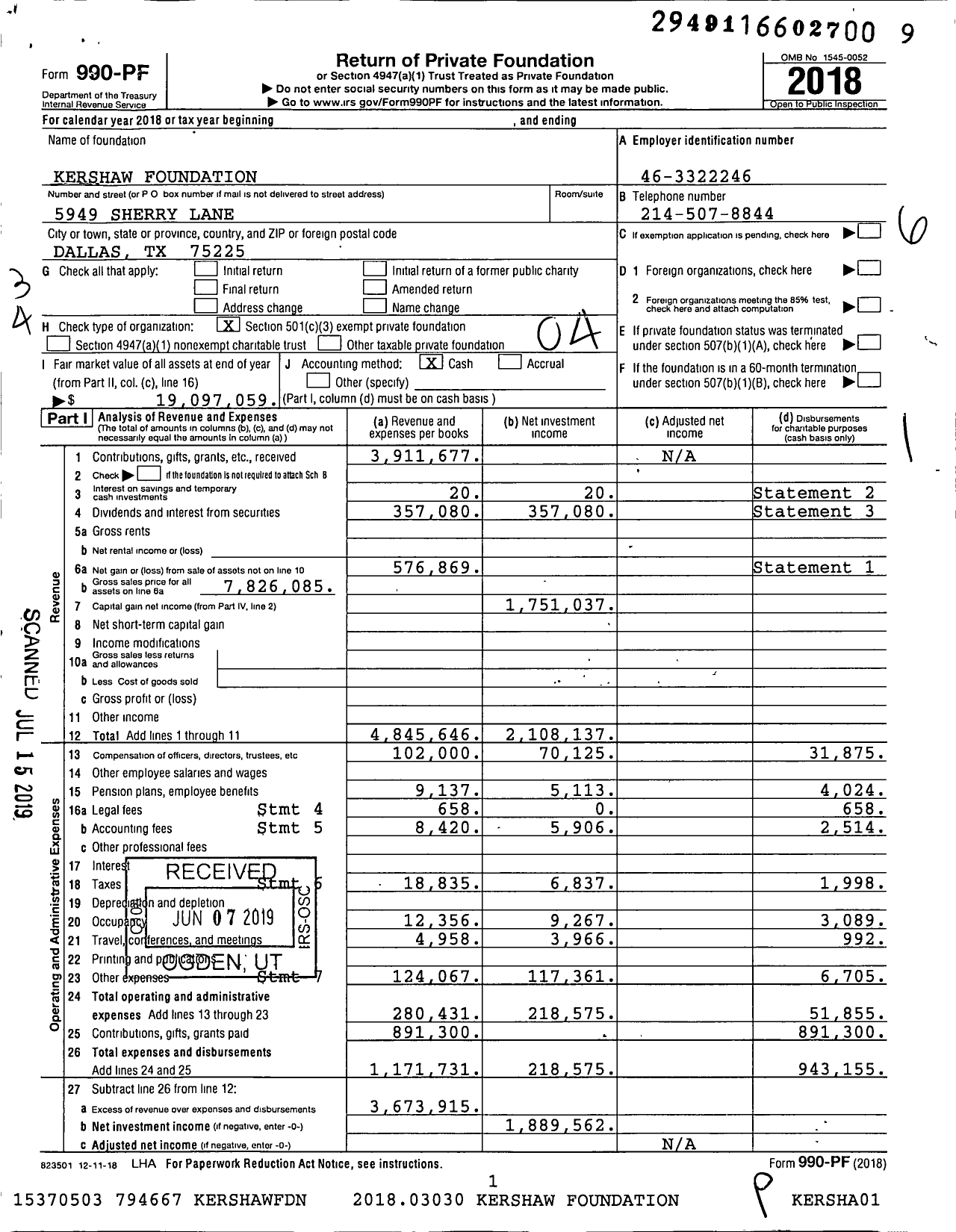 Image of first page of 2018 Form 990PF for Kershaw Foundation