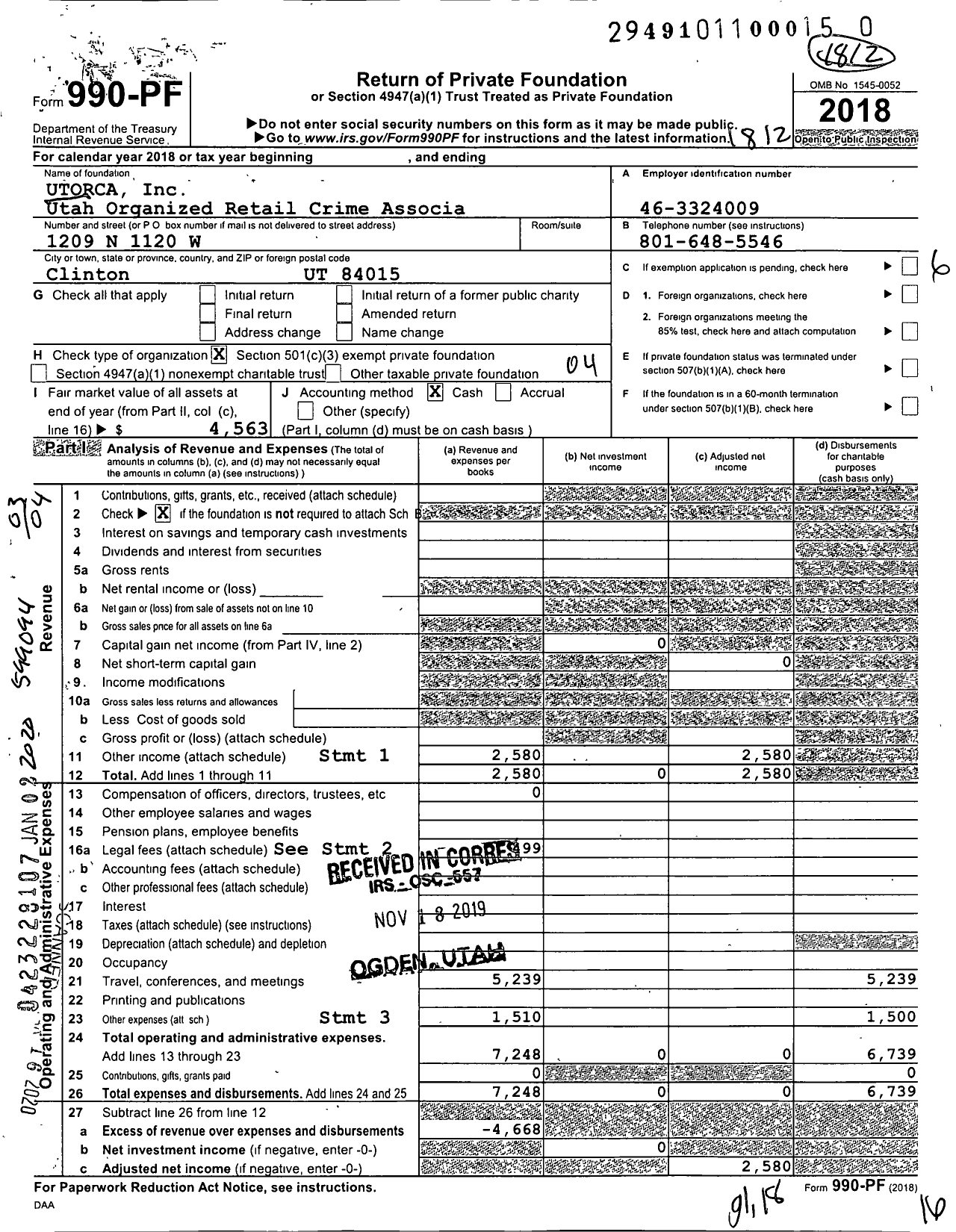 Image of first page of 2018 Form 990PR for Utorca Utah Organized Retail Crime Associa