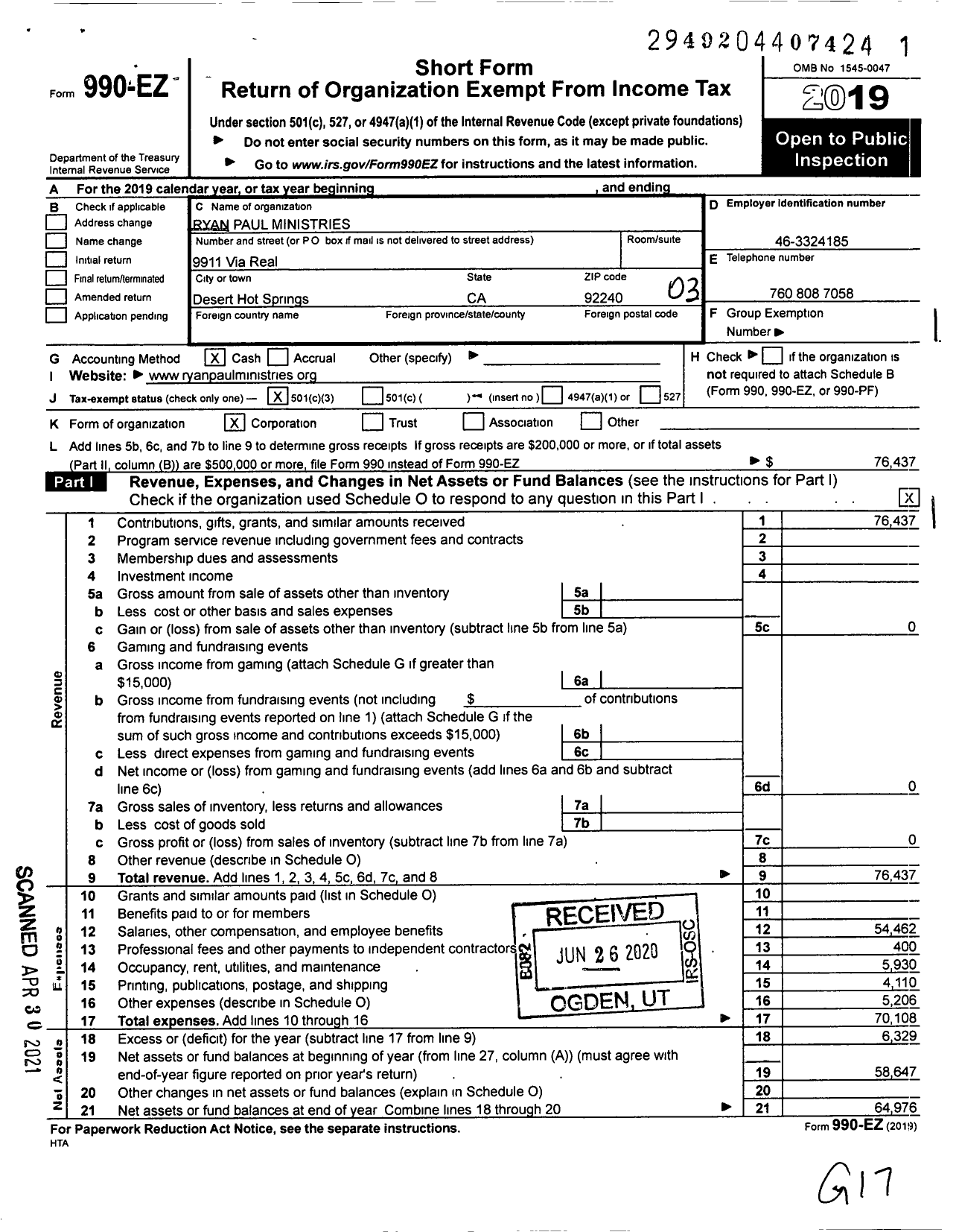 Image of first page of 2019 Form 990EZ for Ryan Paul Ministries