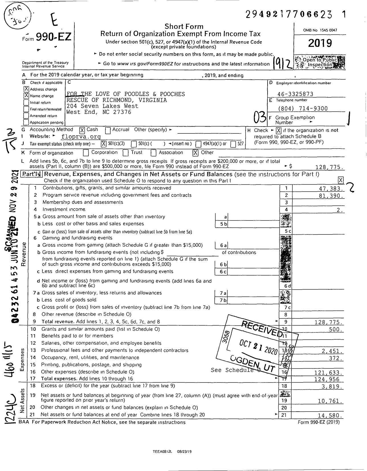 Image of first page of 2019 Form 990EZ for For the Love of Poodles and Pooches Rescue of Richmond Virginia