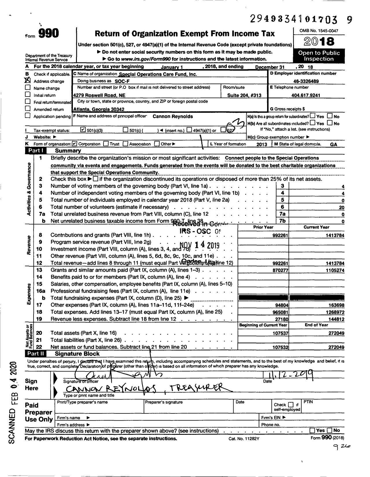 Image of first page of 2018 Form 990 for Special Operations Care Fund (SOC-F)