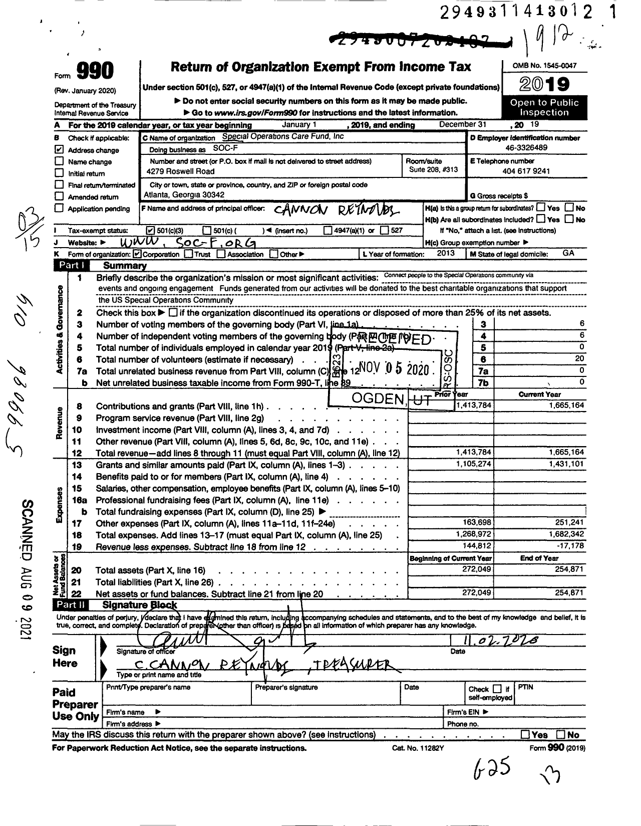 Image of first page of 2019 Form 990 for Special Operations Care Fund (SOC-F)