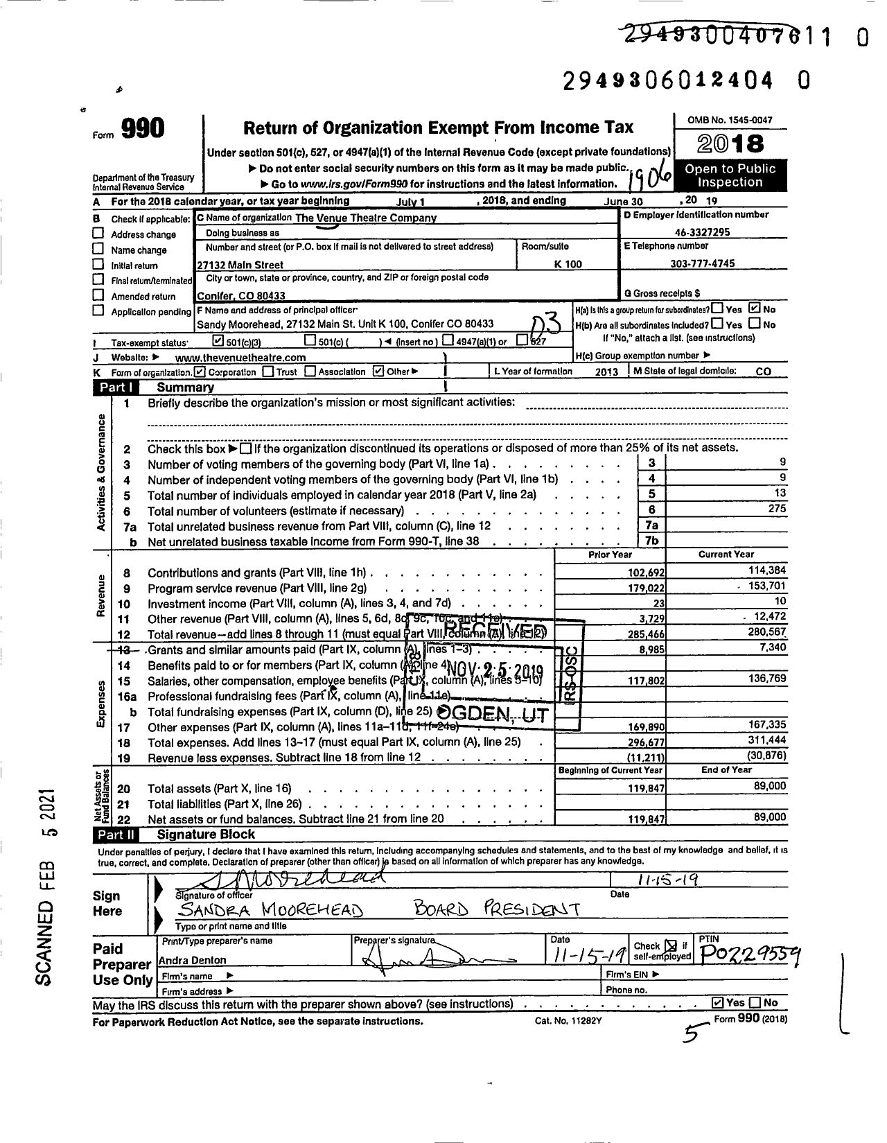 Image of first page of 2018 Form 990 for The Theatre Venue Company