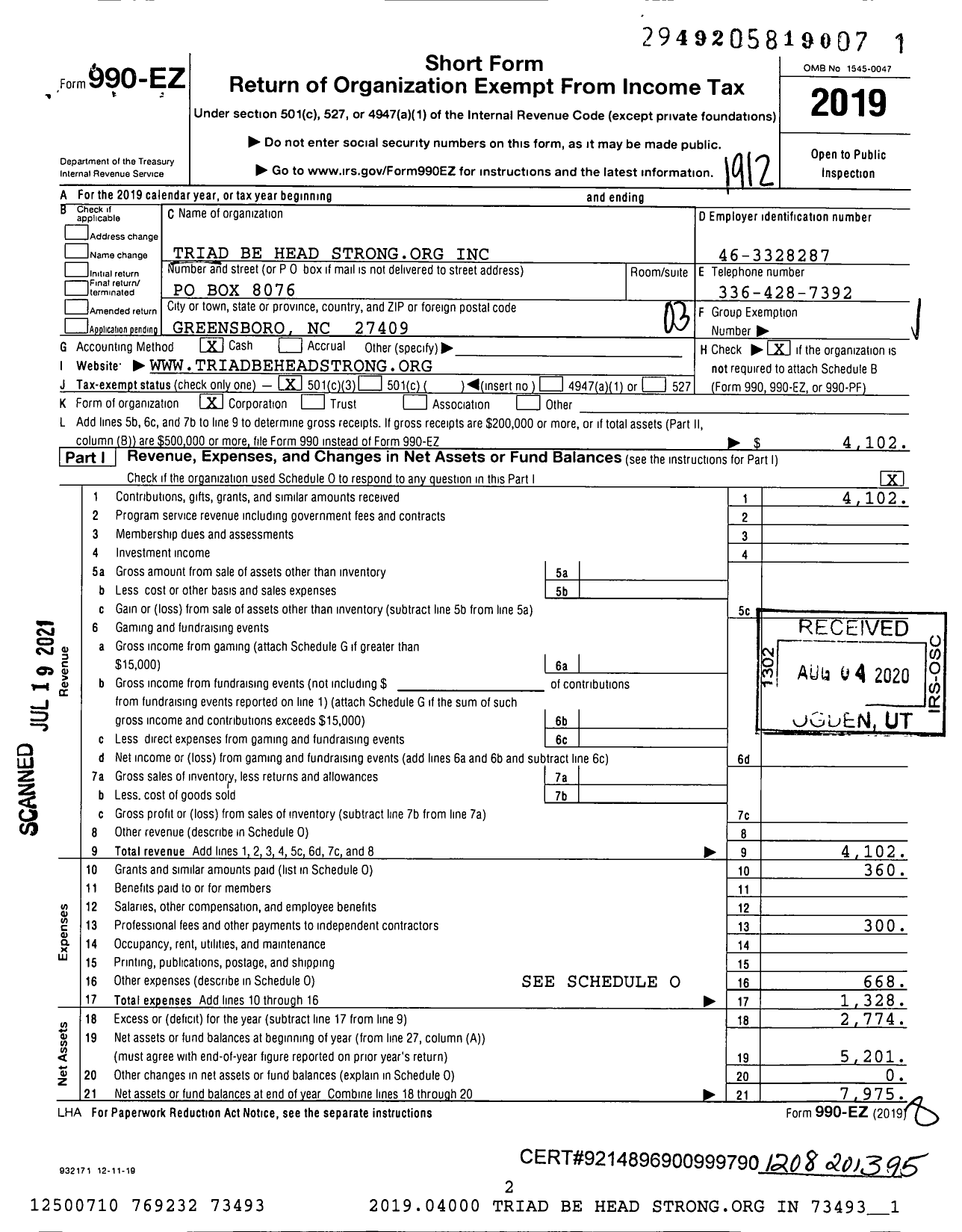 Image of first page of 2019 Form 990EZ for Triad Be Head Strongorg