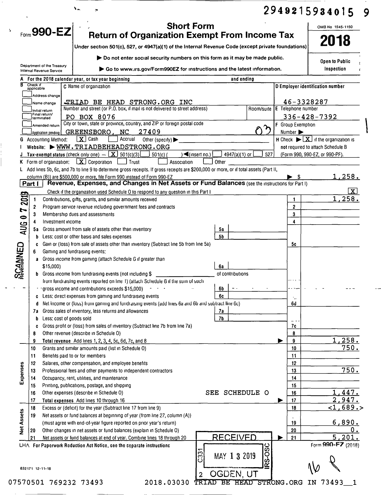 Image of first page of 2018 Form 990EZ for Triad Be Head Strongorg