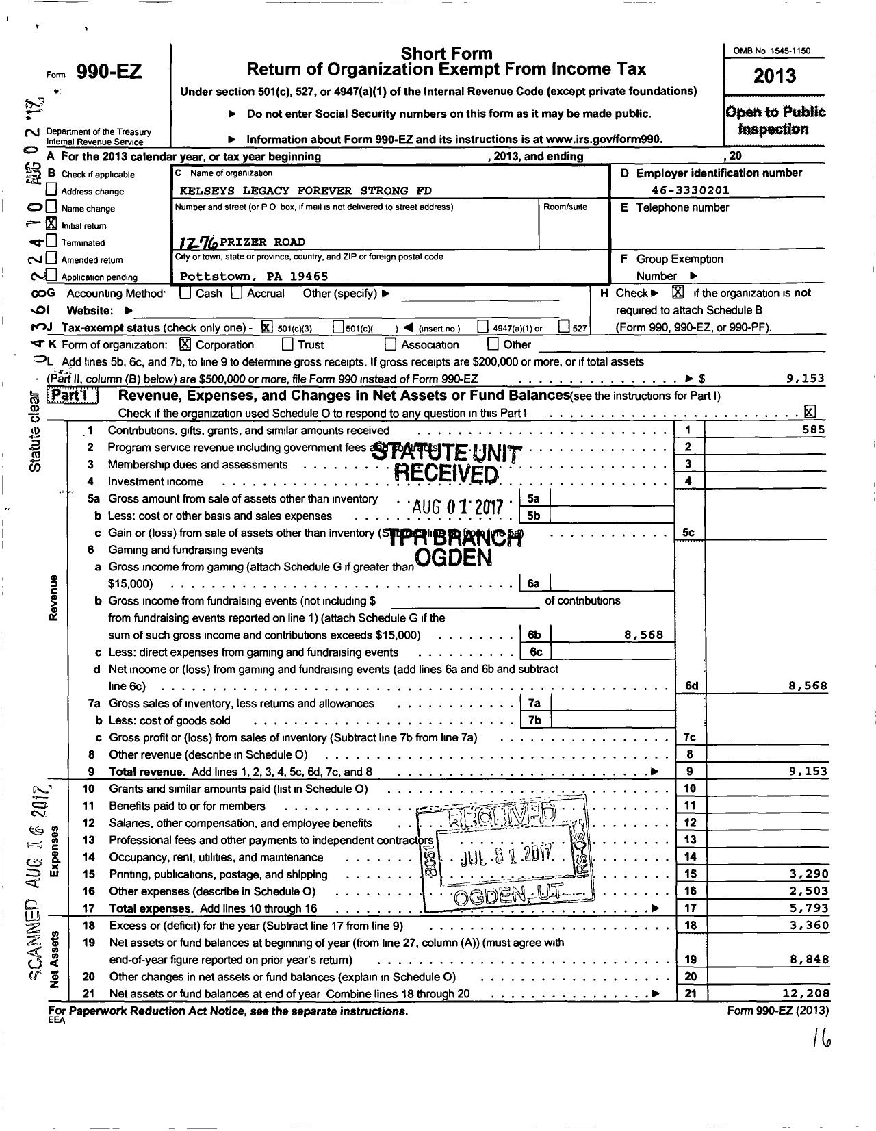 Image of first page of 2013 Form 990EZ for Kelseys Legacy Forever Strong Found