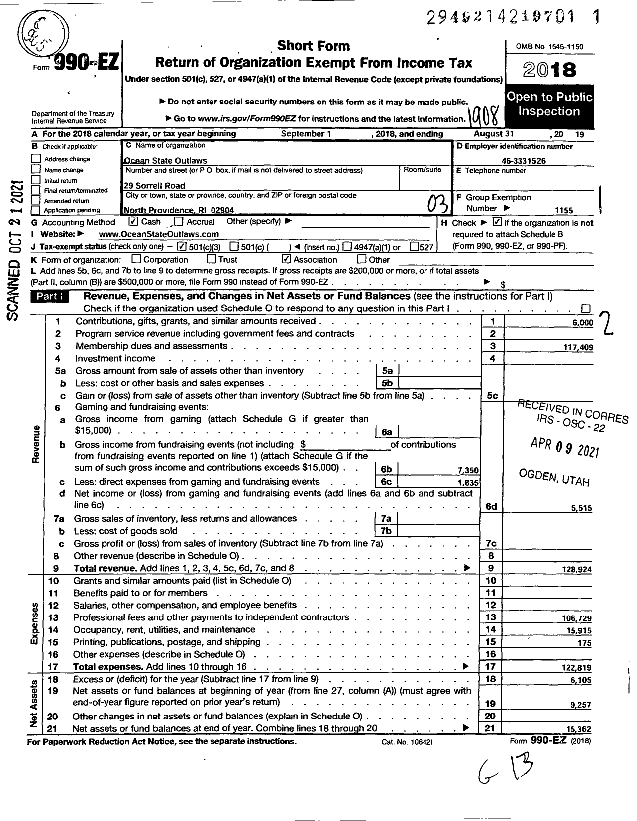 Image of first page of 2018 Form 990EZ for Amateur Athletic Union - Ocean State Outlaws