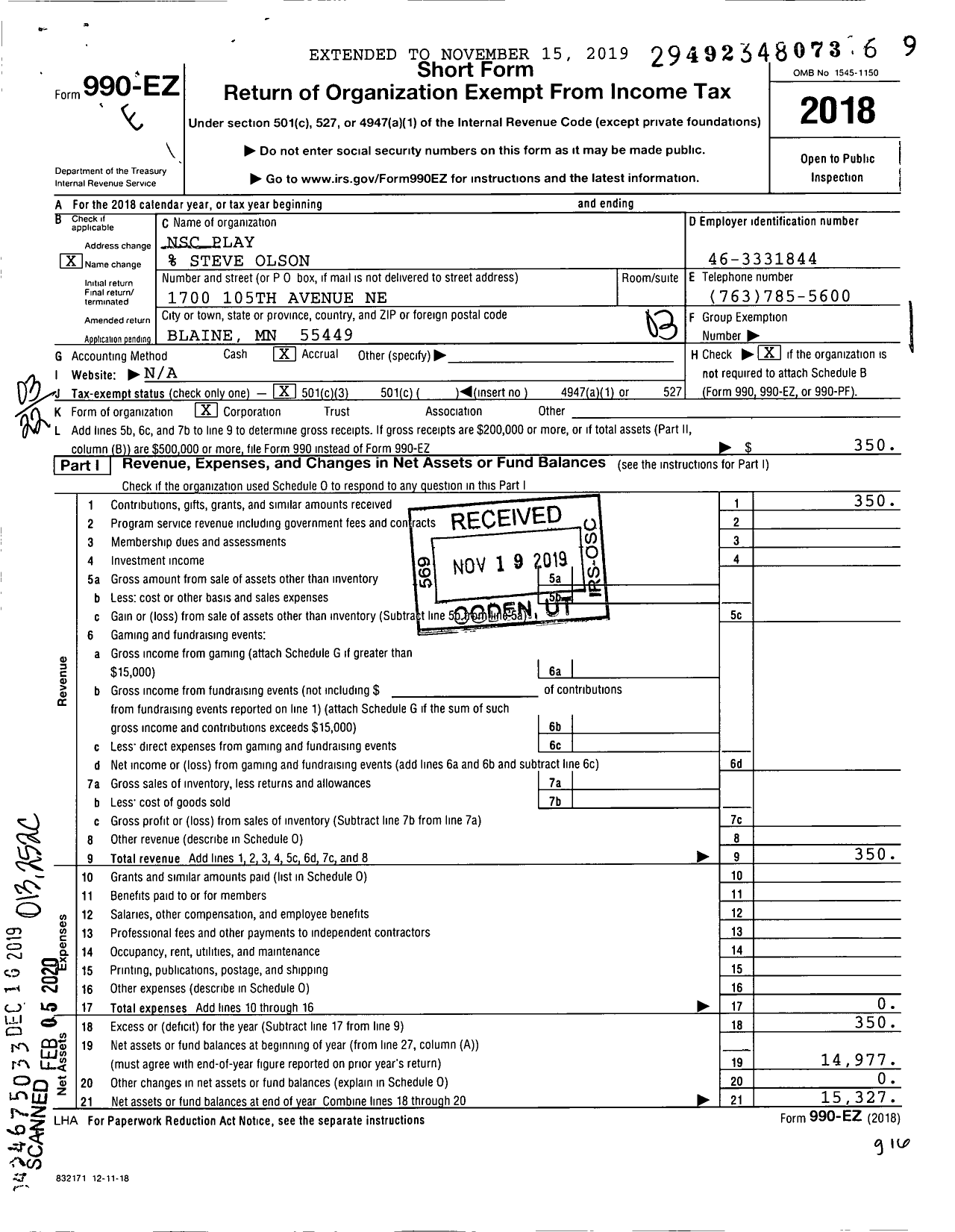 Image of first page of 2018 Form 990EZ for NSC Play