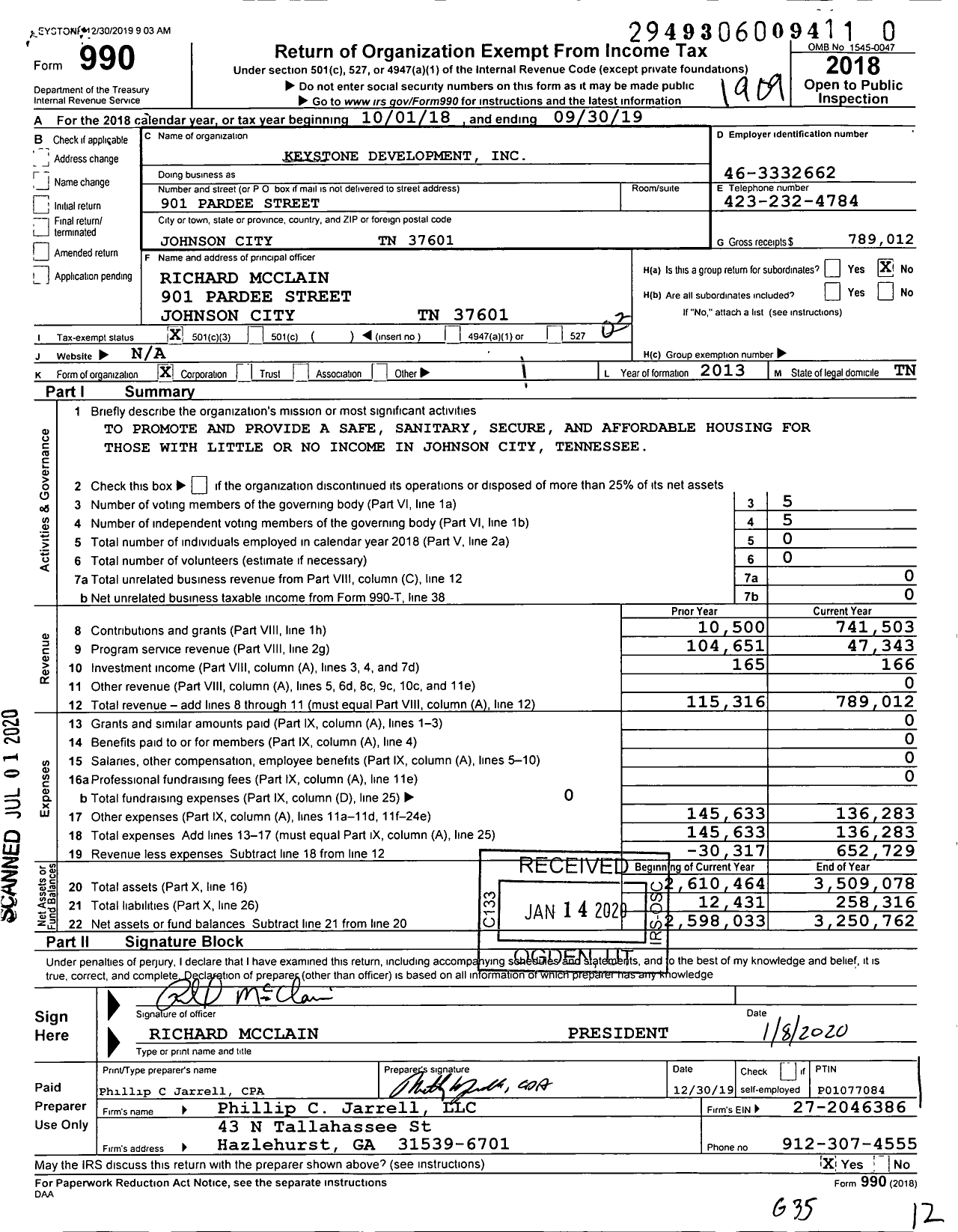 Image of first page of 2018 Form 990 for Keystone Development