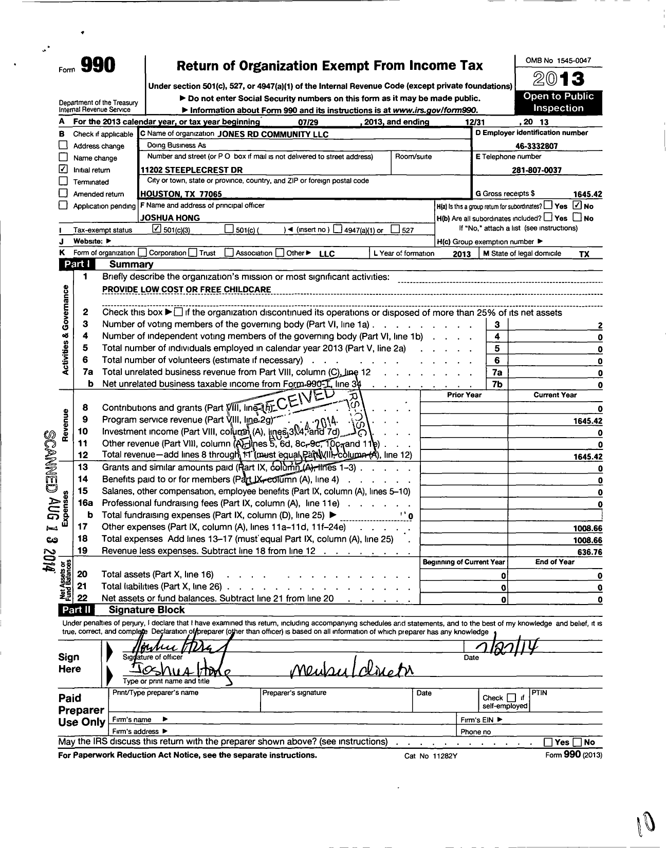 Image of first page of 2013 Form 990 for Jones Rd Community LLC