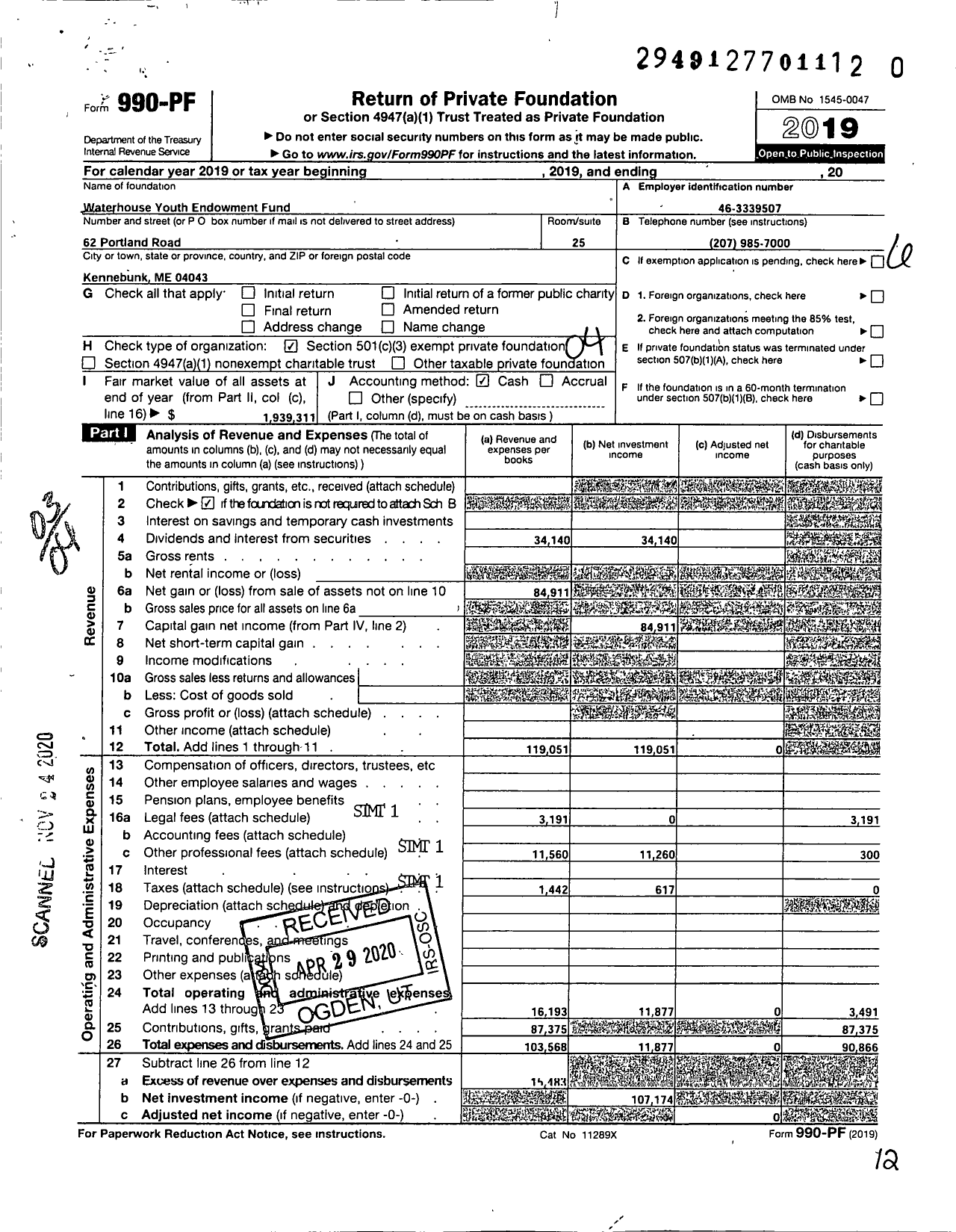 Image of first page of 2019 Form 990PF for Waterhouse Youth Endowment Fund