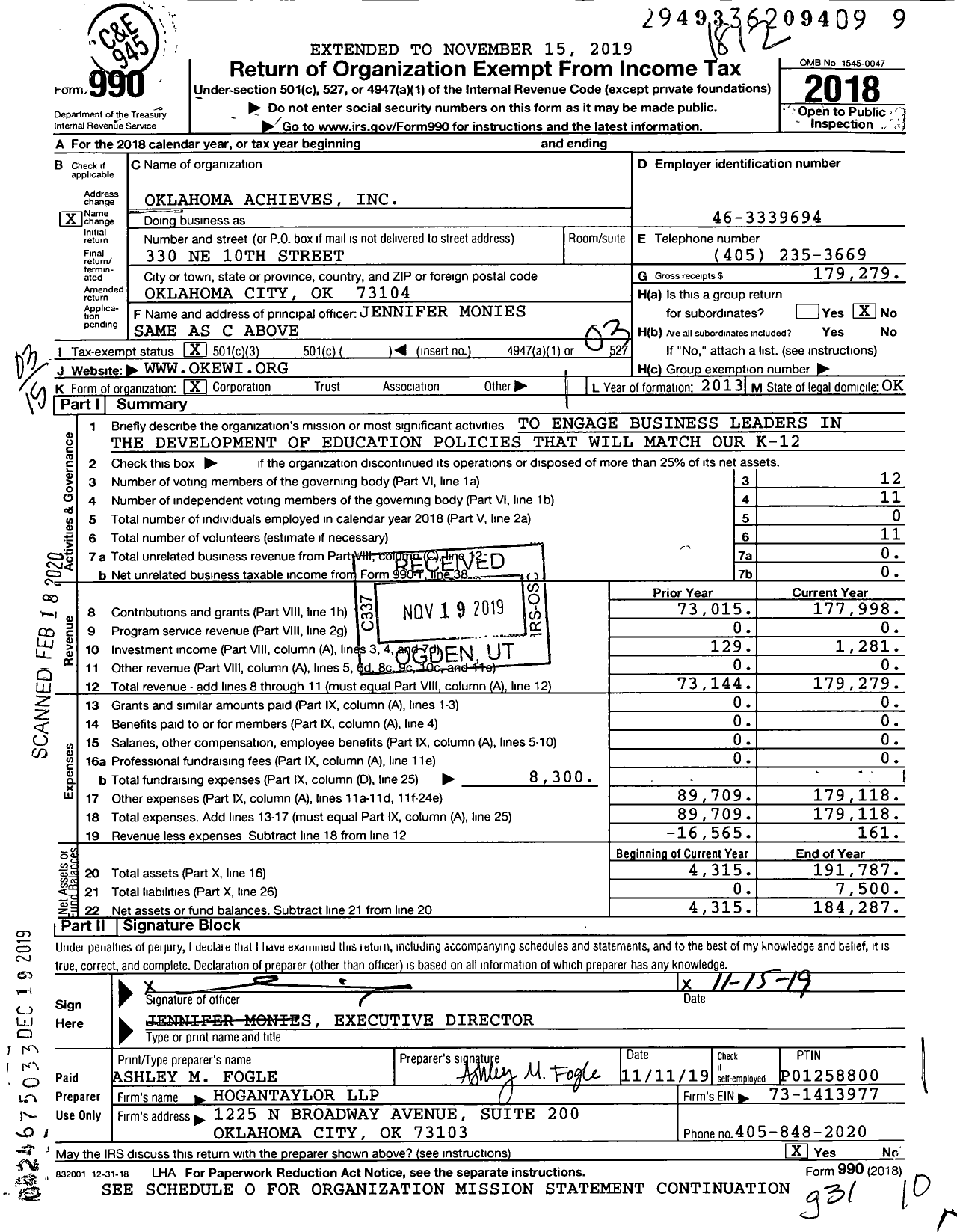 Image of first page of 2018 Form 990 for Oklahoma Achieves