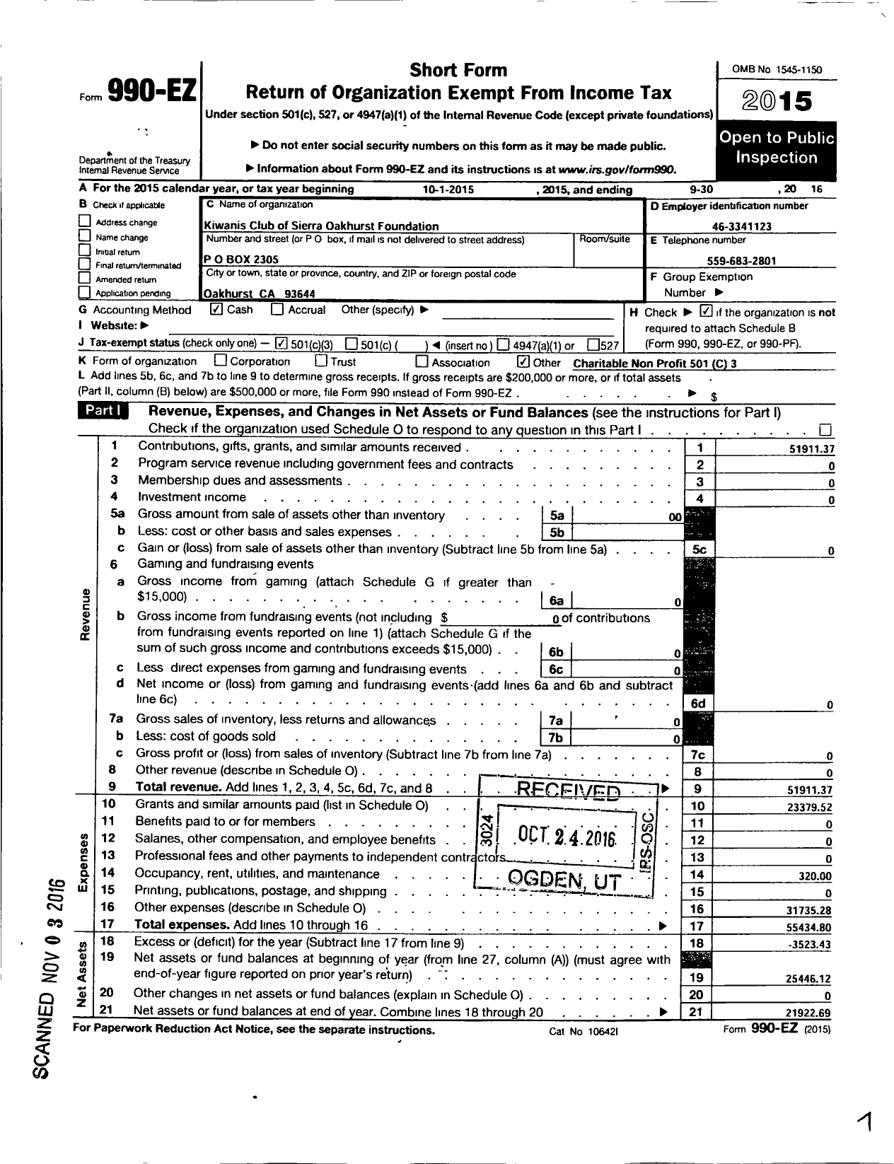 Image of first page of 2015 Form 990EZ for Kiwanis Club of Sierra Oakhurst Foundation