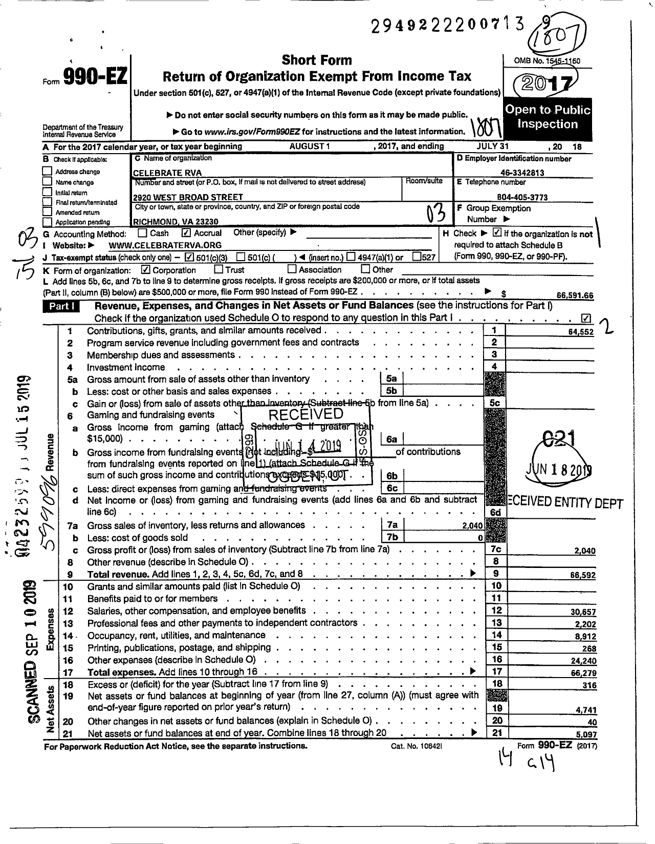 Image of first page of 2017 Form 990EZ for Celebrate Rva